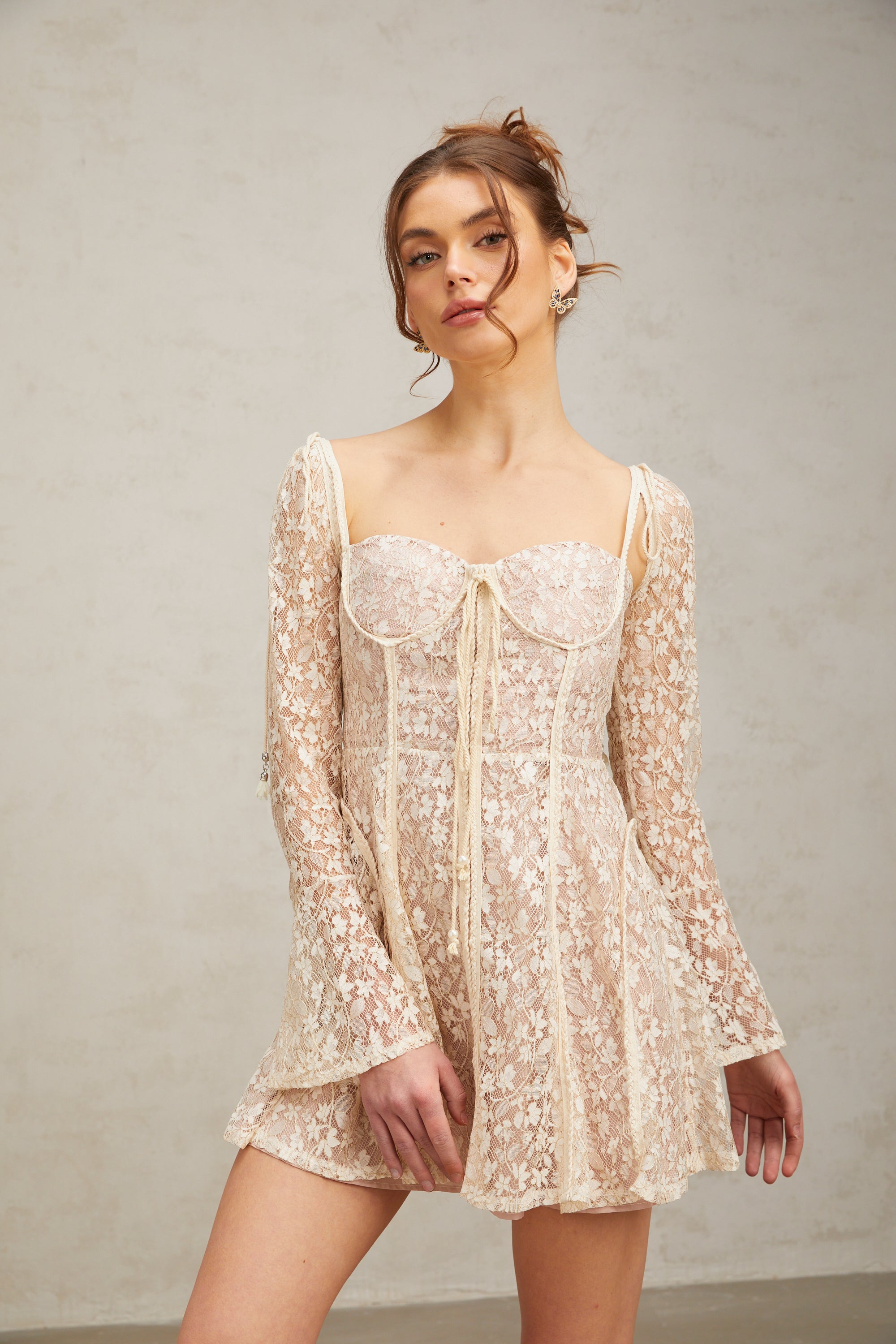 Yasmine neutrals floral embroidery mini dress