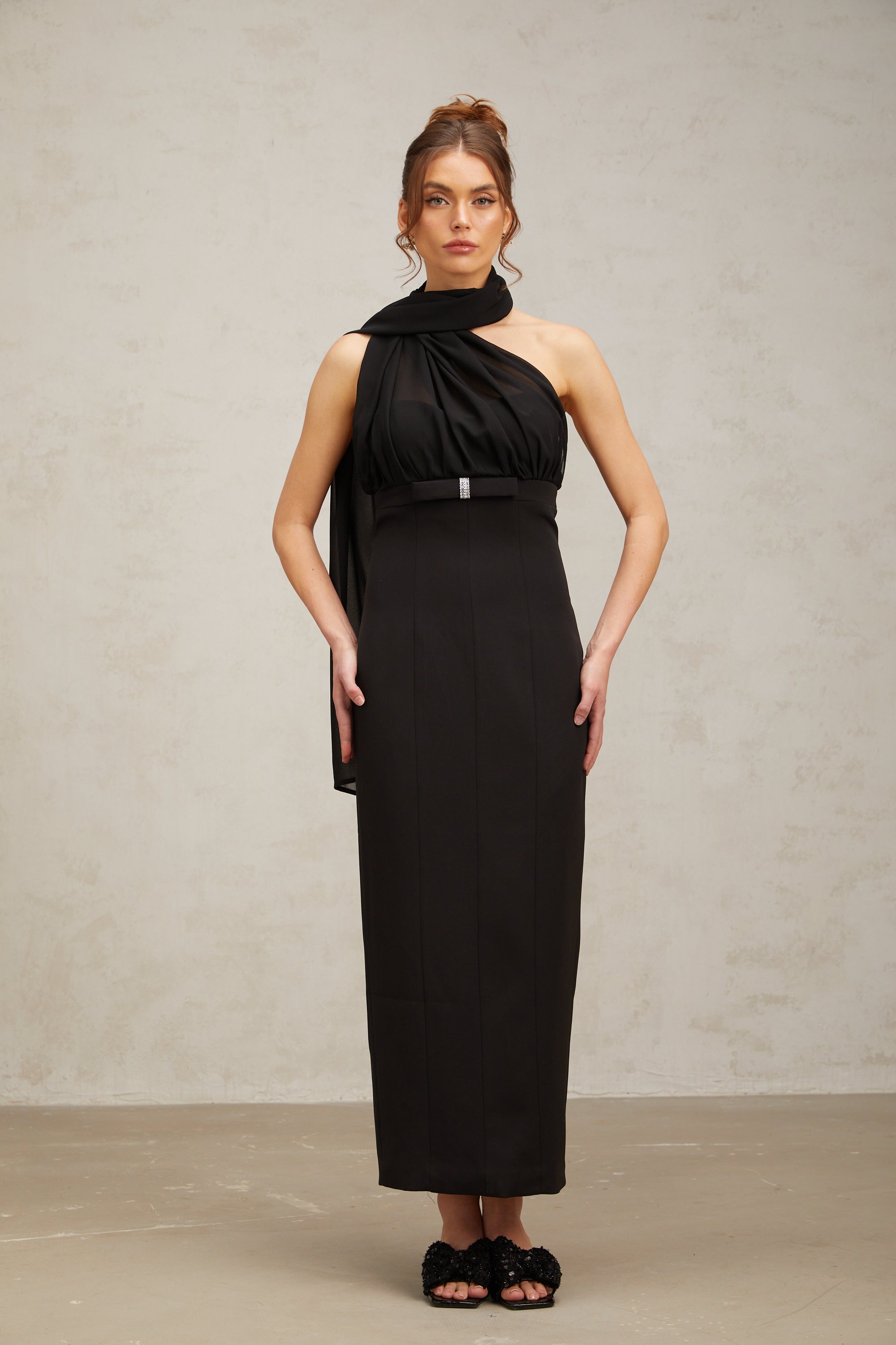 Nicole black one-shoulder draped midi dress