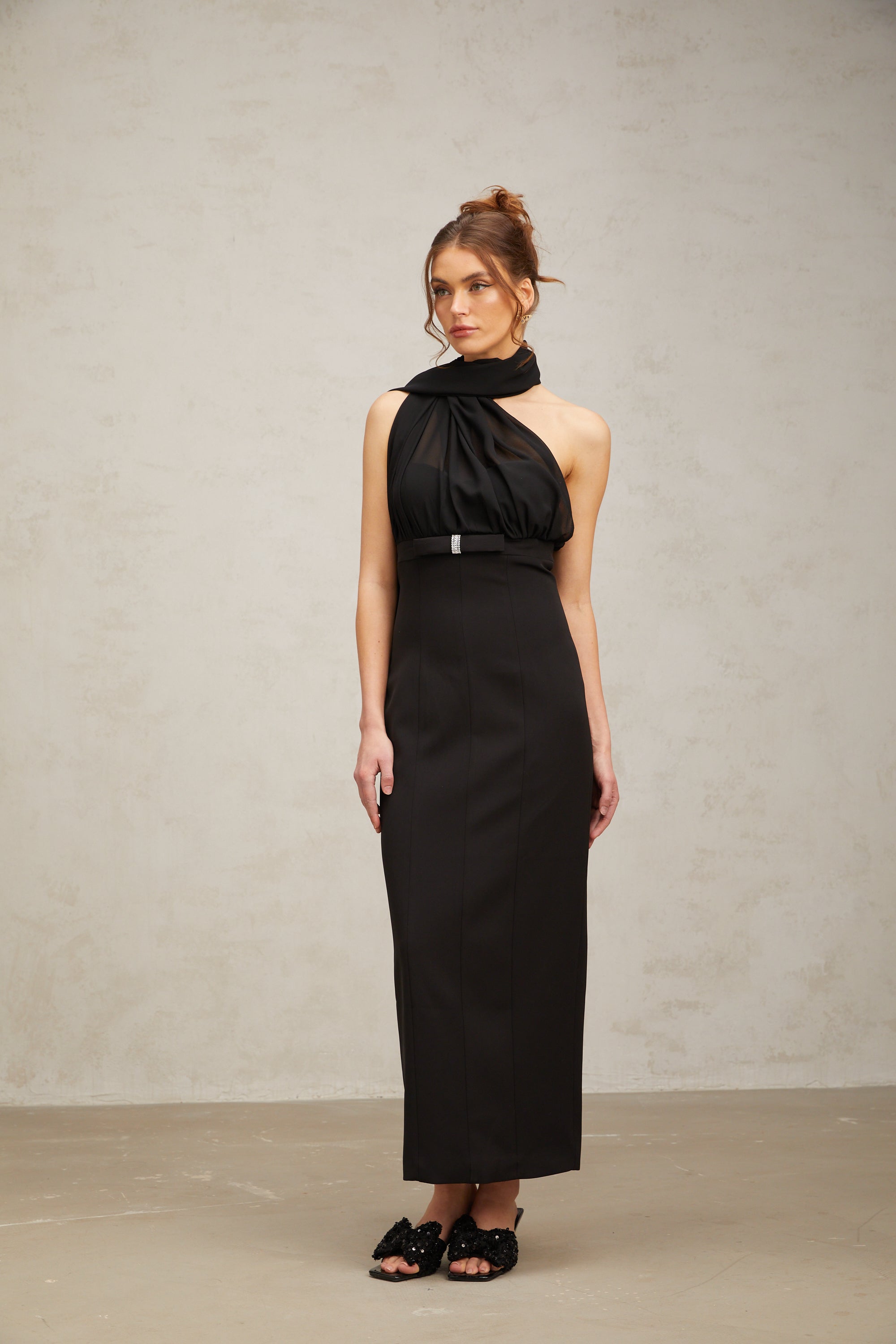 Nicole black one-shoulder draped midi dress