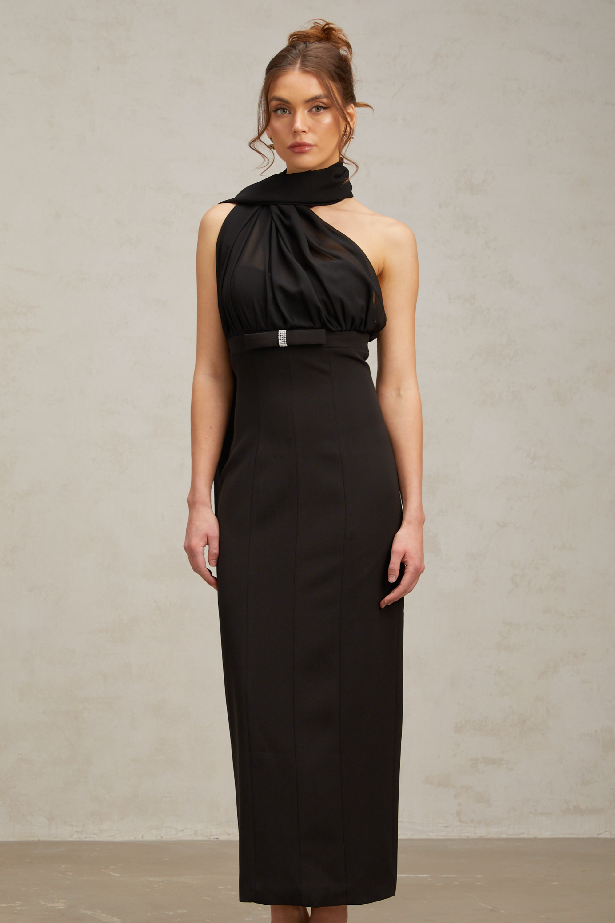 Nicole black one-shoulder draped midi dress