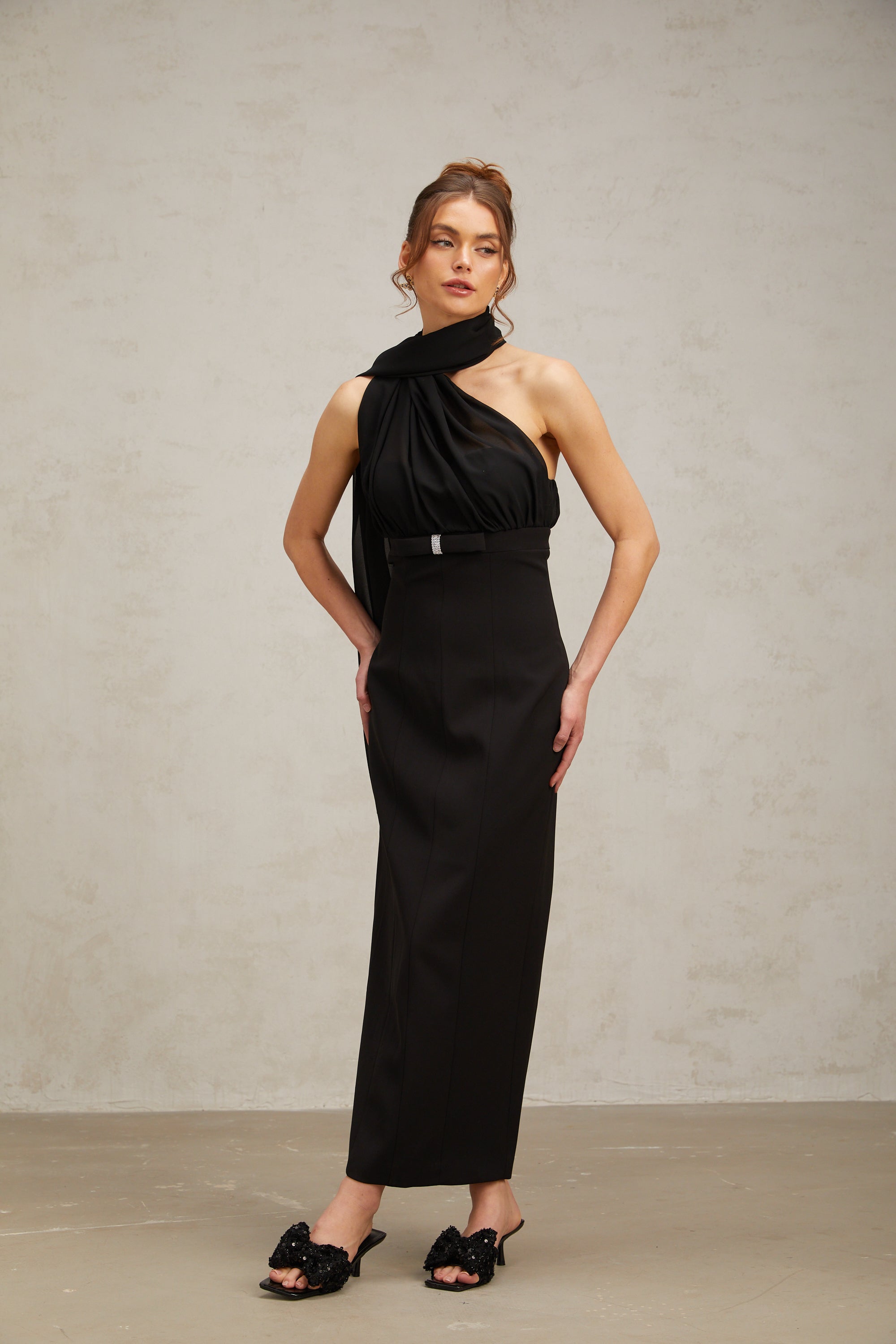 Nicole black one-shoulder draped midi dress