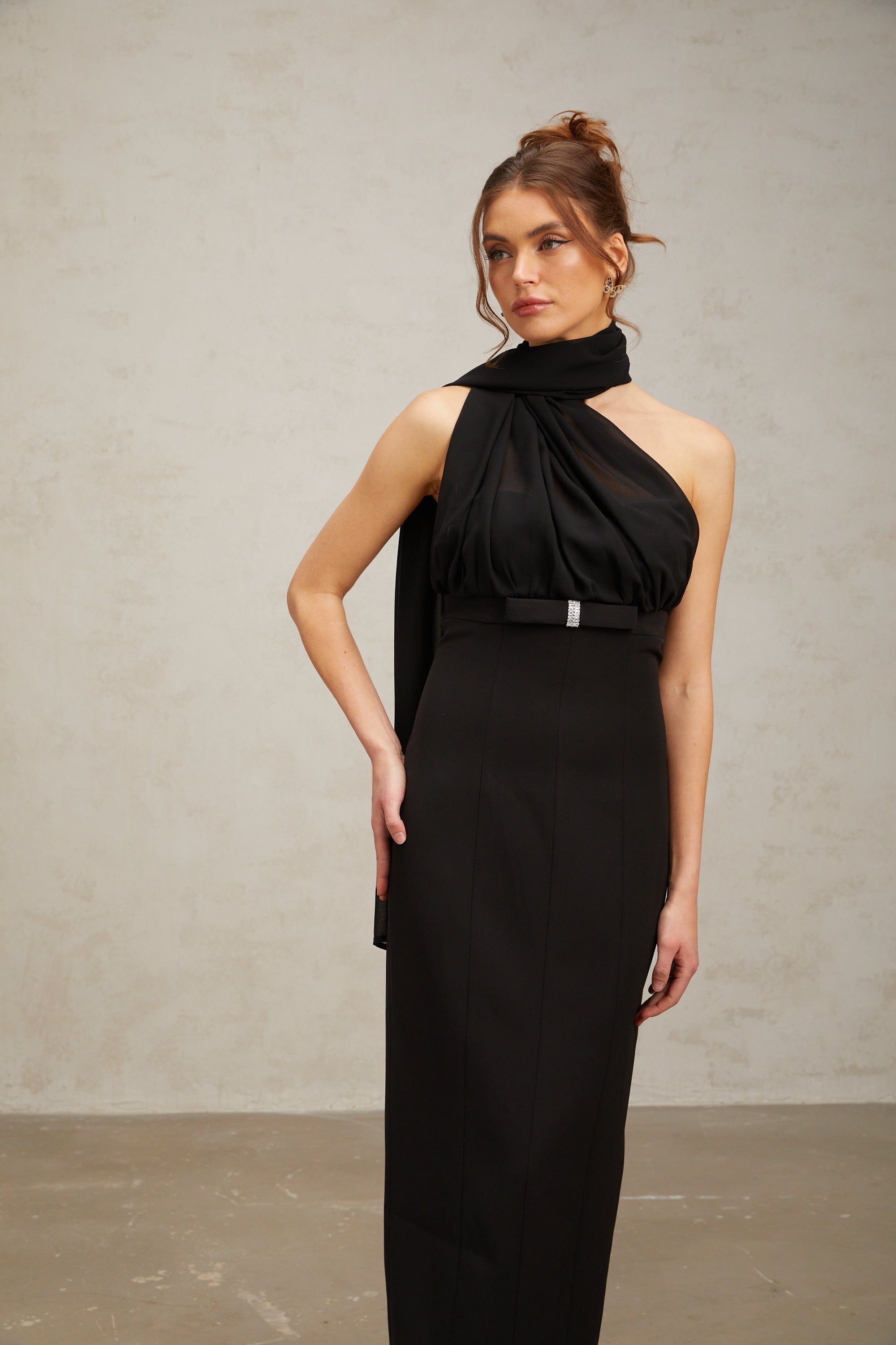 Nicole black one-shoulder draped midi dress