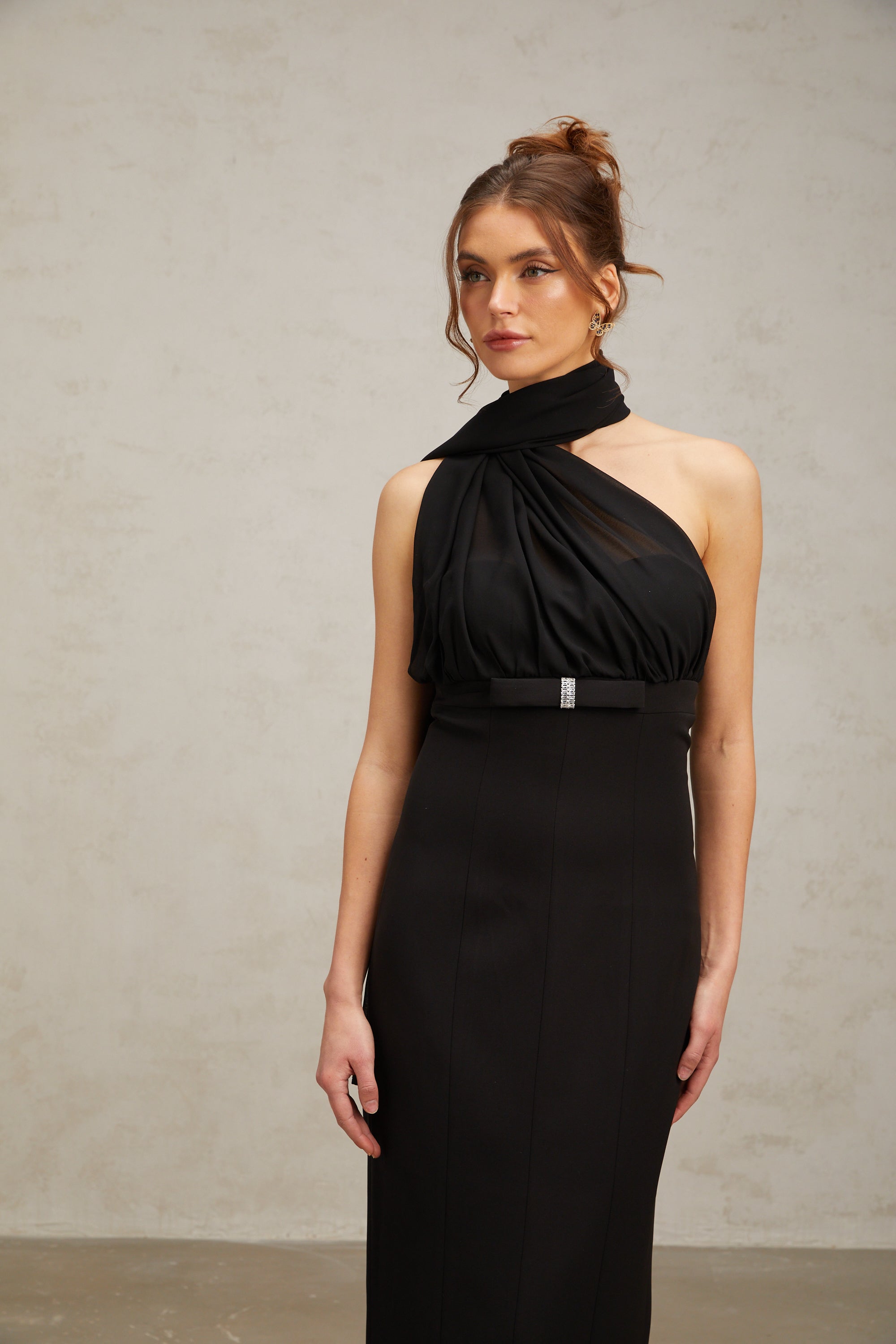 Nicole black one-shoulder draped midi dress