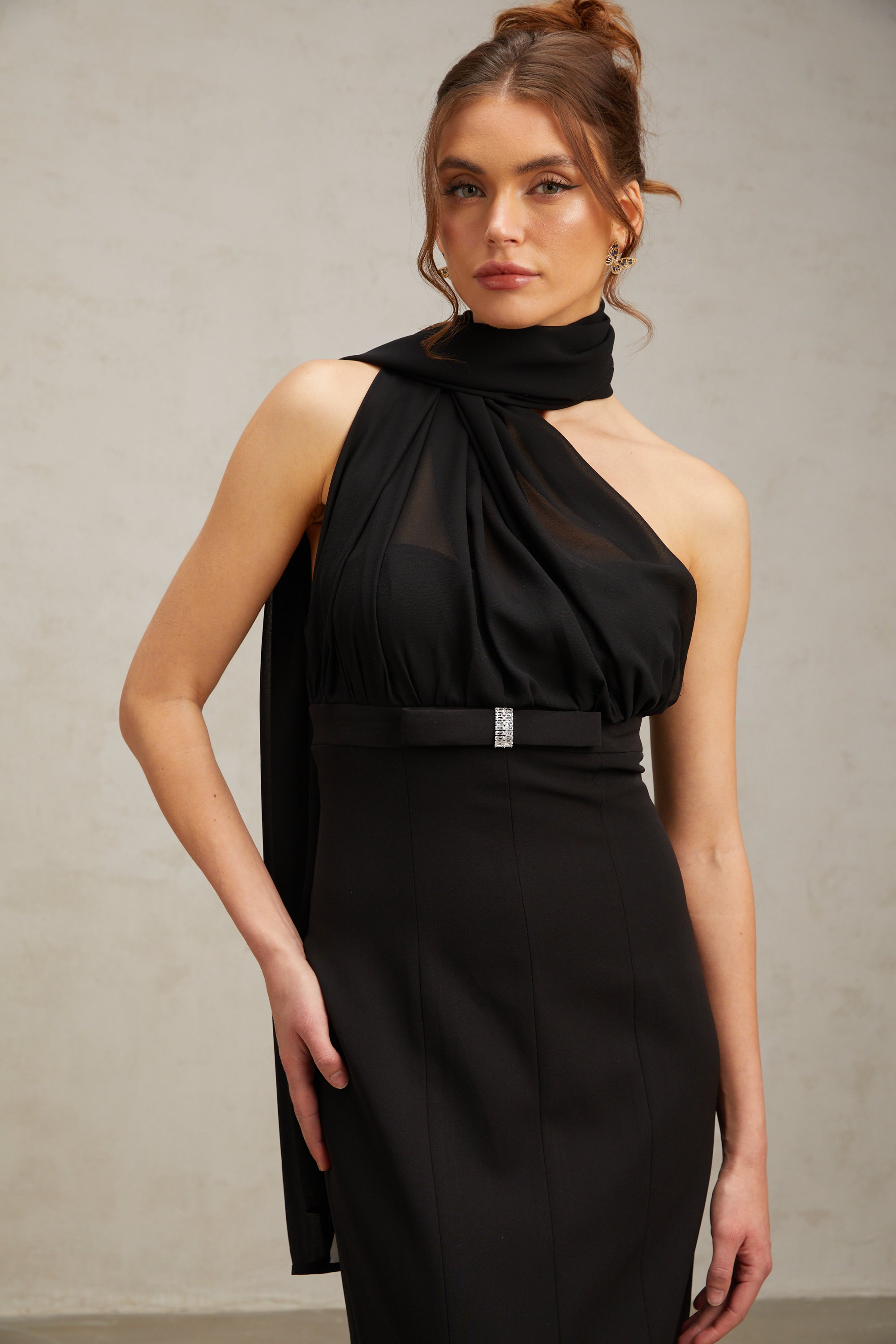 Nicole black one-shoulder draped midi dress