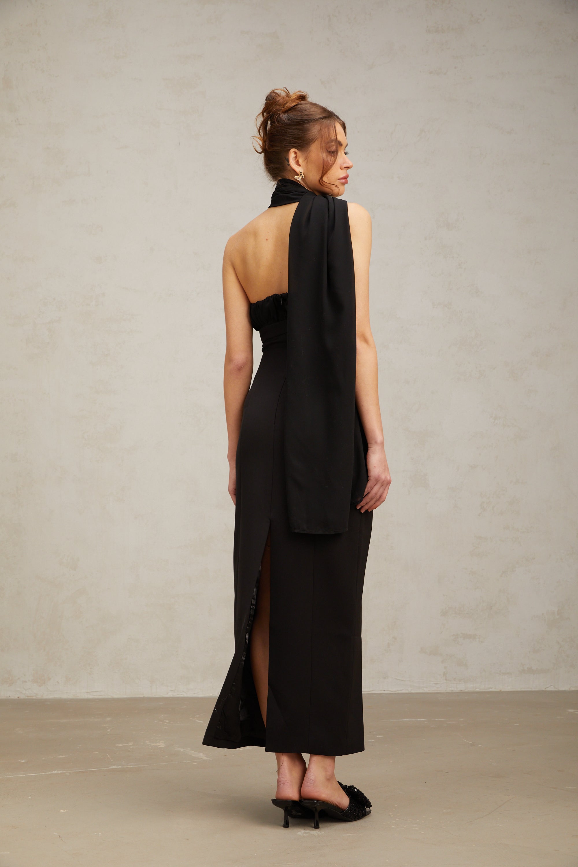 Nicole black one-shoulder draped midi dress