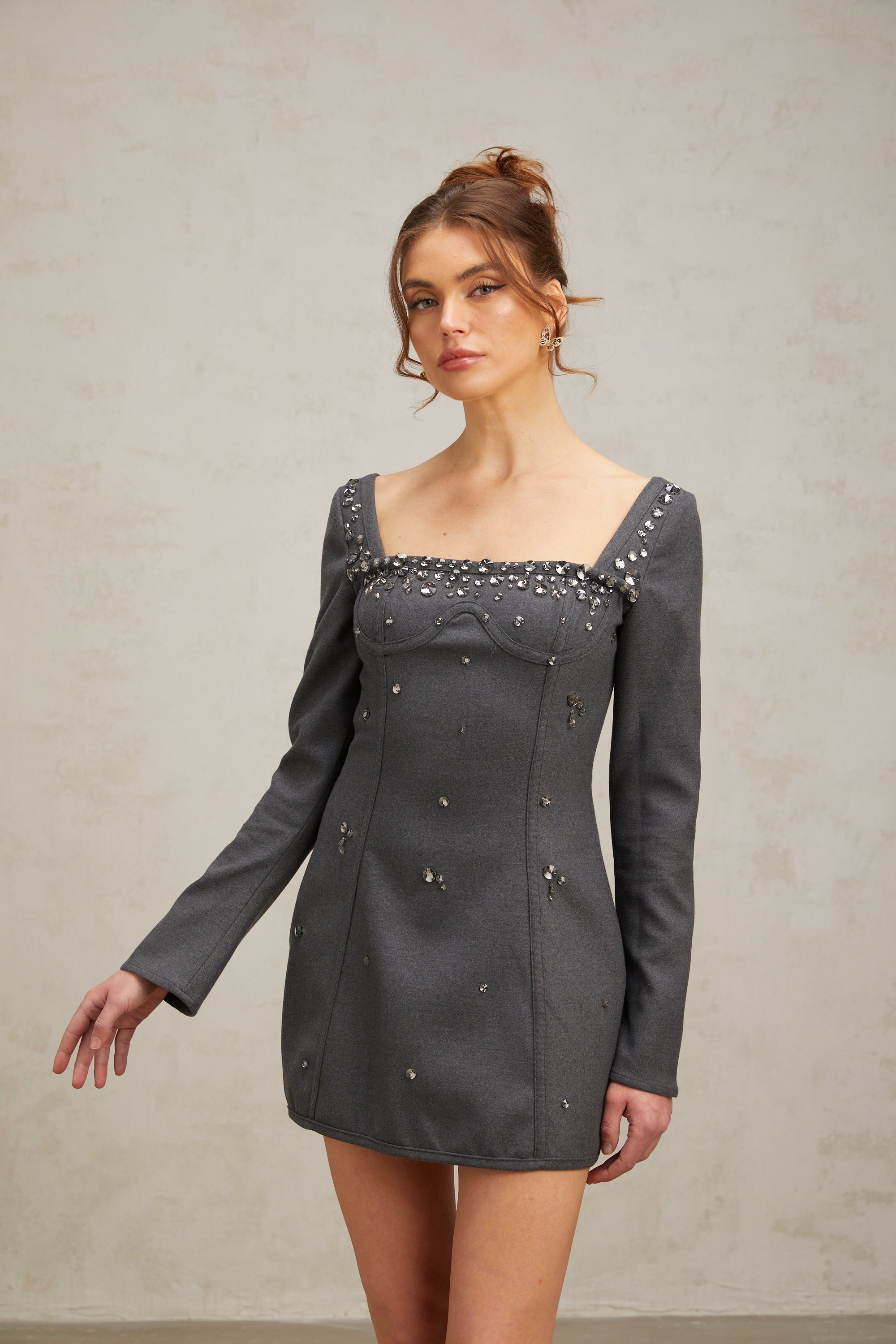 Ninon grey crystal-embellished mini dress