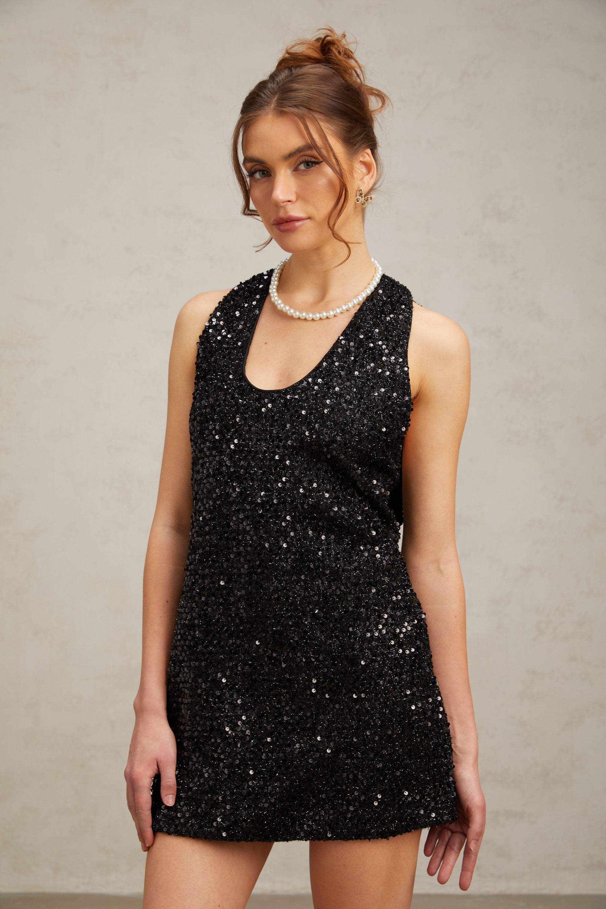 Priscille black oversize-bow sequined mini dress