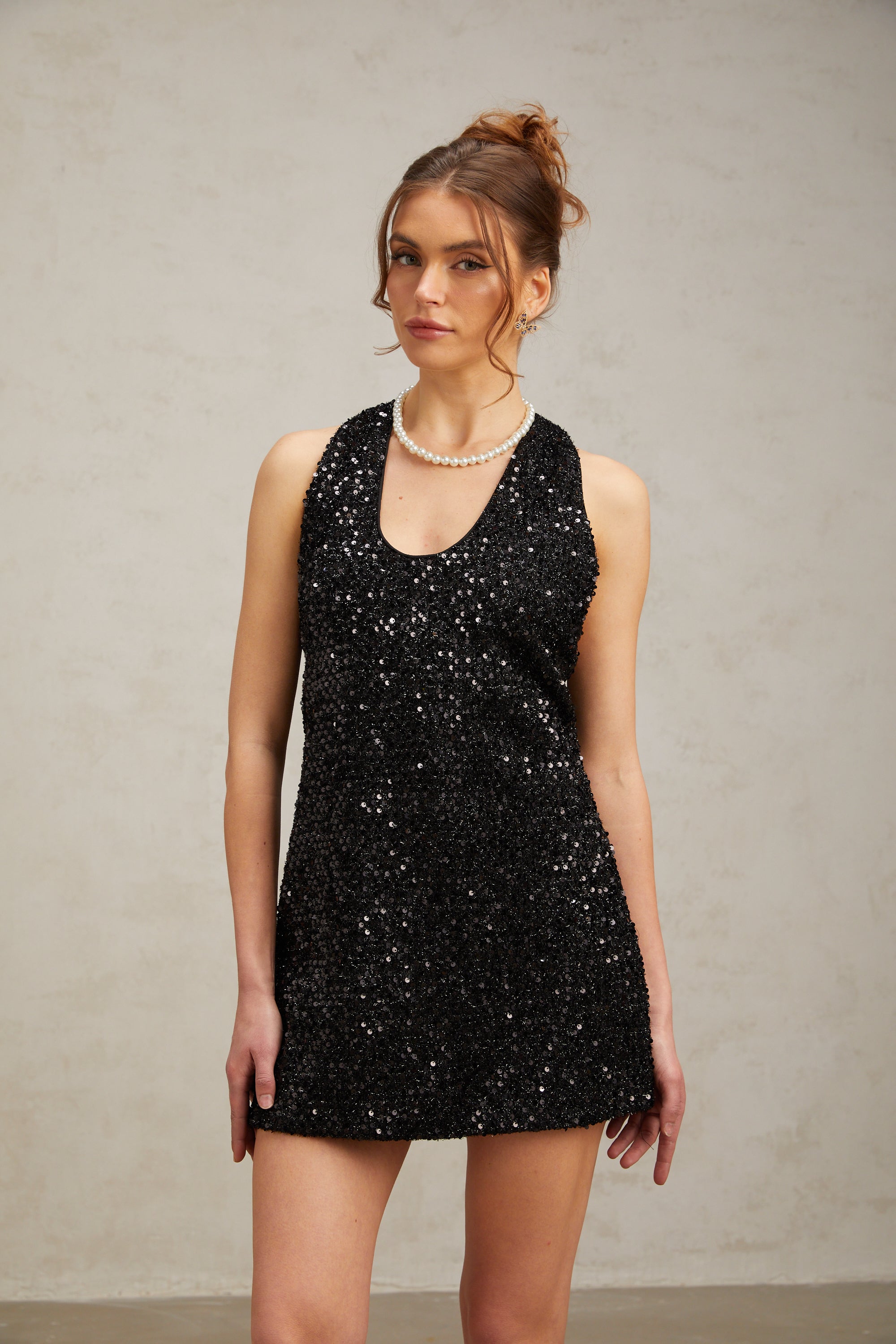 Priscille black oversize-bow sequined mini dress