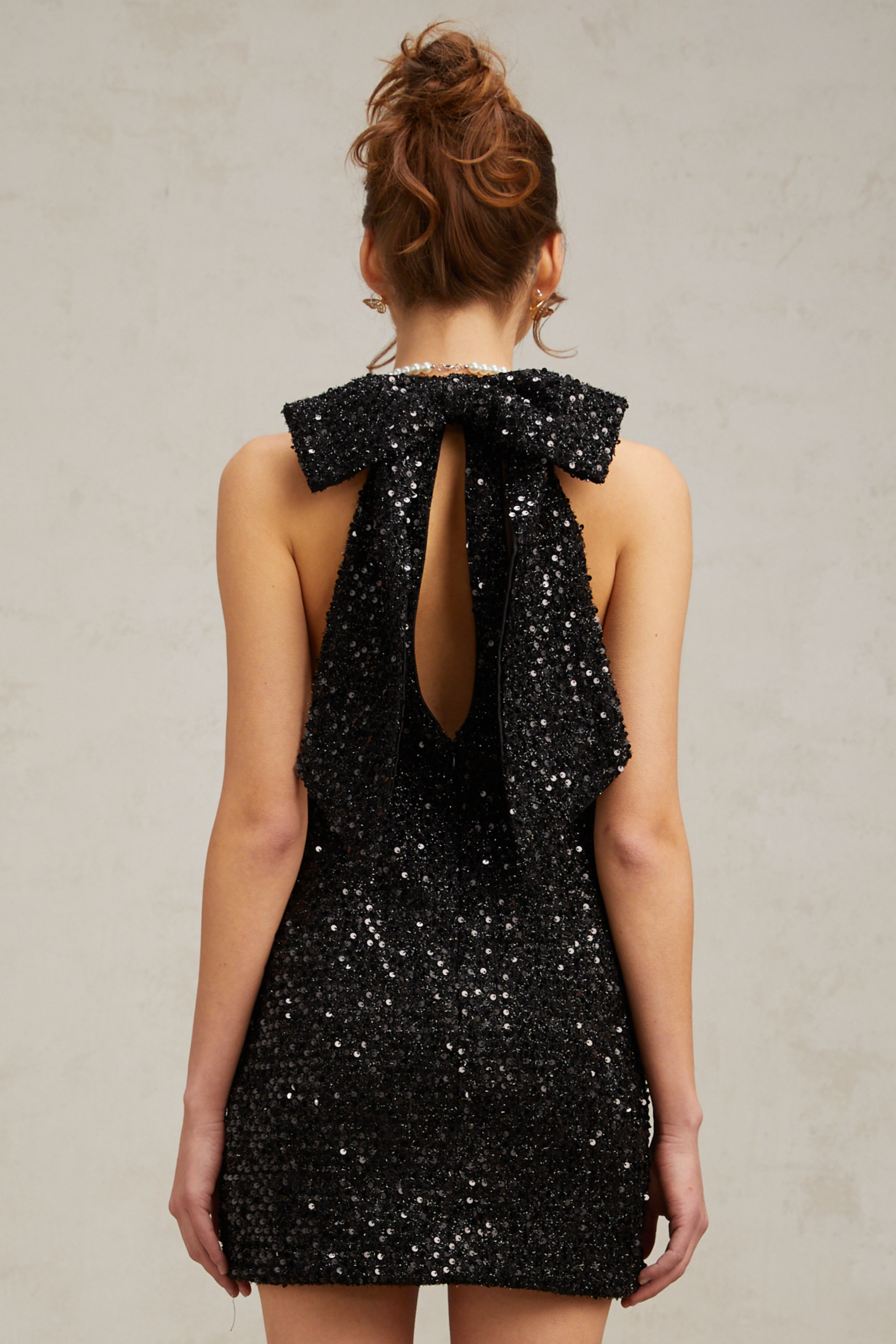 Priscille black oversize-bow sequined mini dress