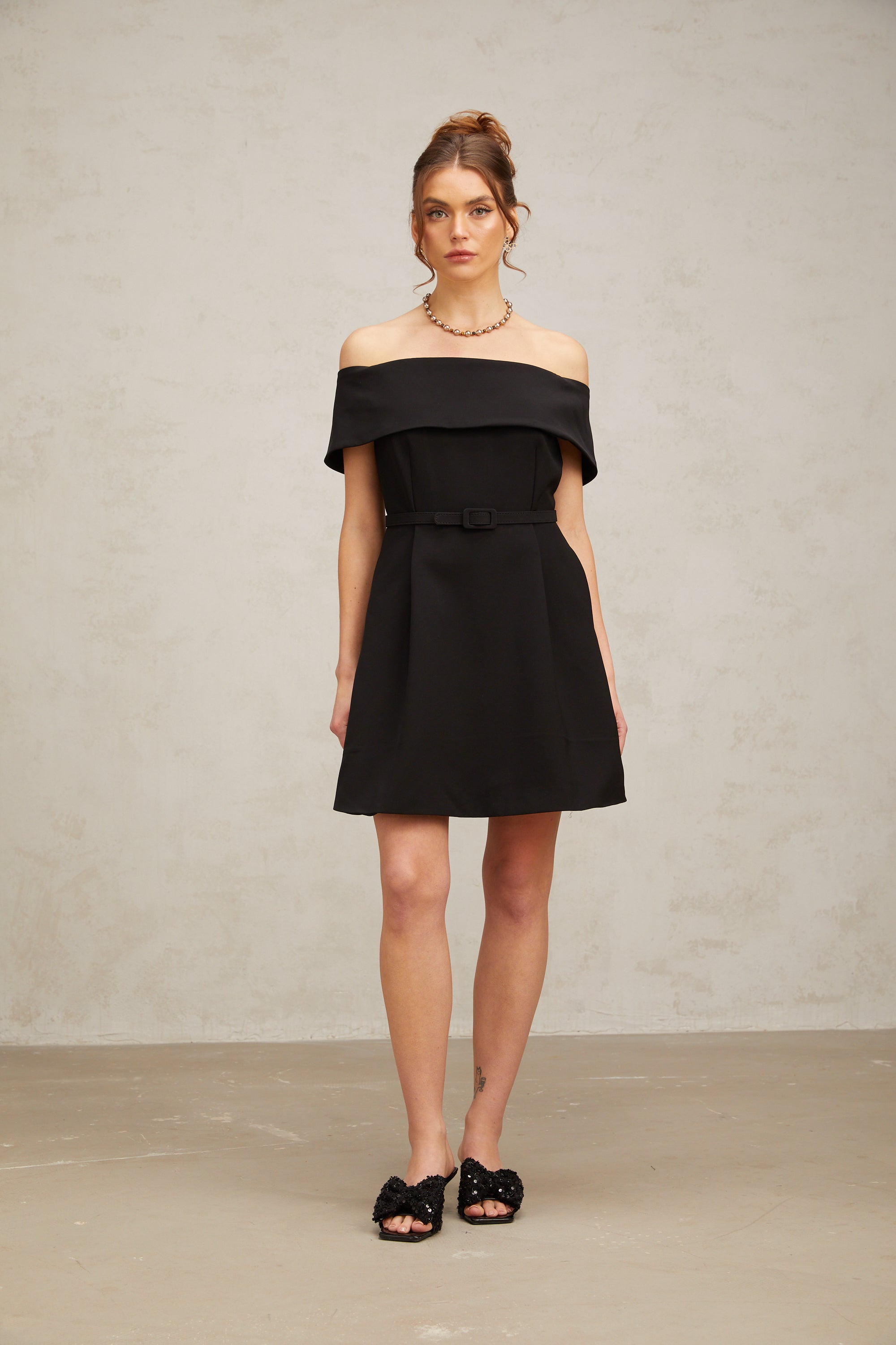 Greta black off-shoulder belted mini dress