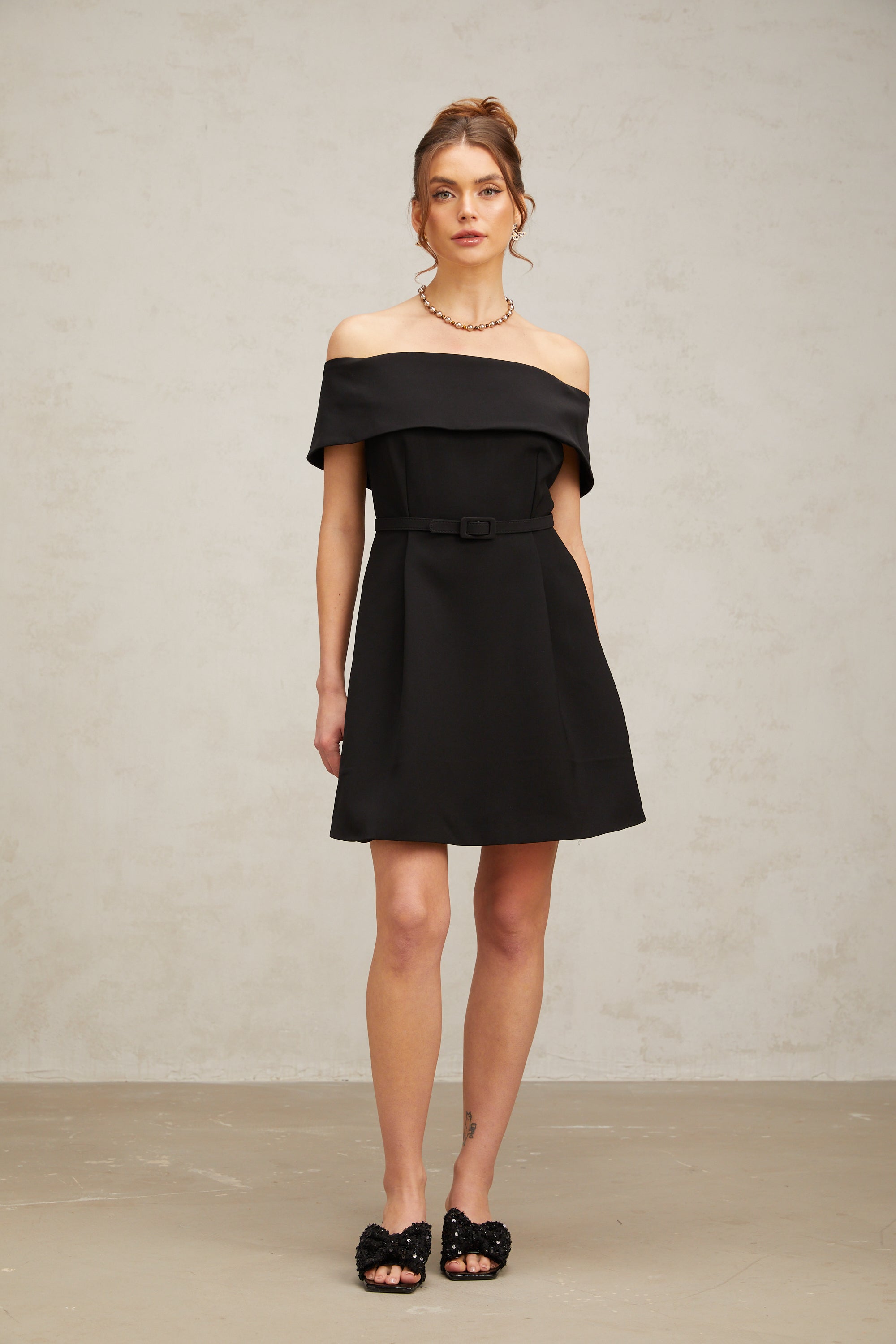 Greta black off-shoulder belted mini dress