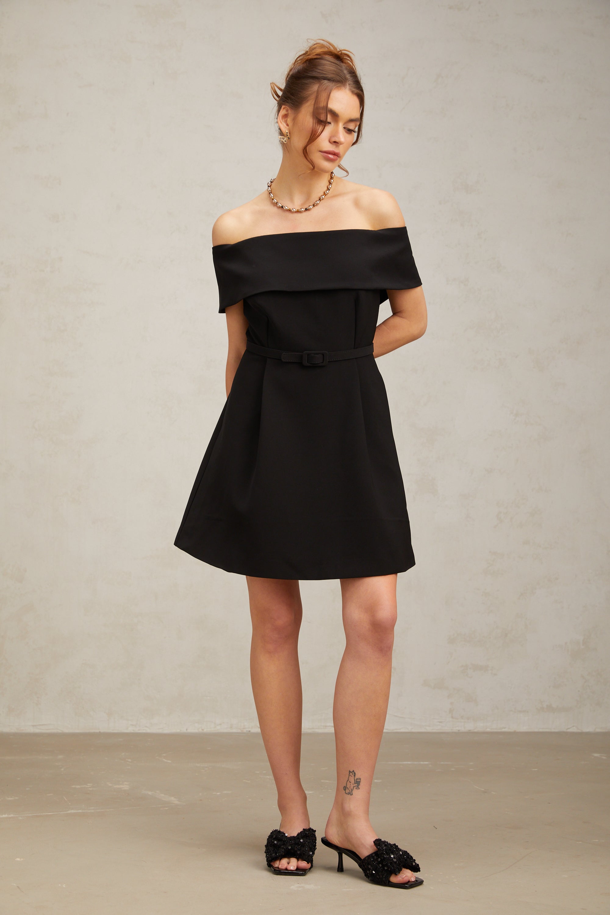 Greta black off-shoulder belted mini dress