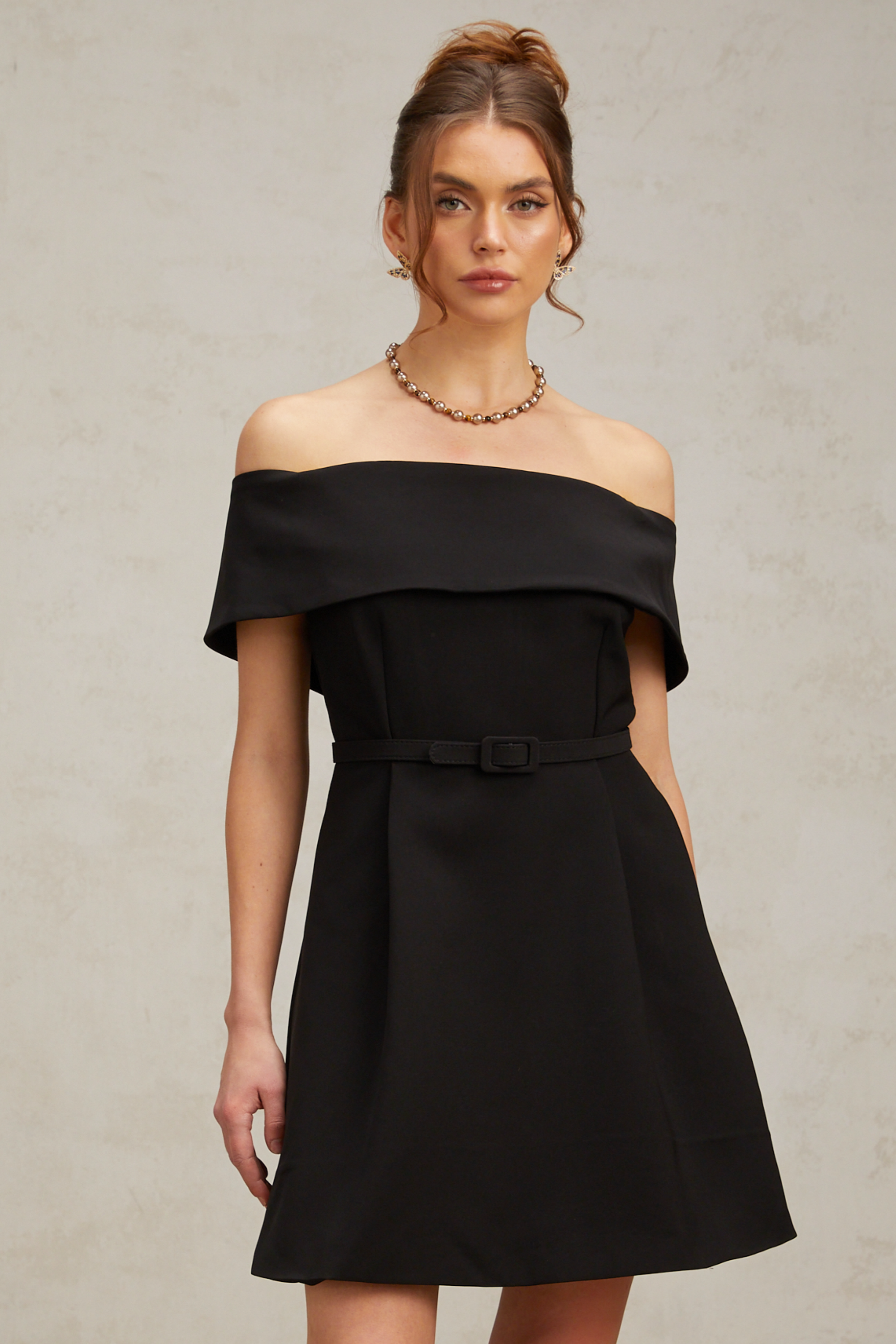 Greta black off-shoulder belted mini dress