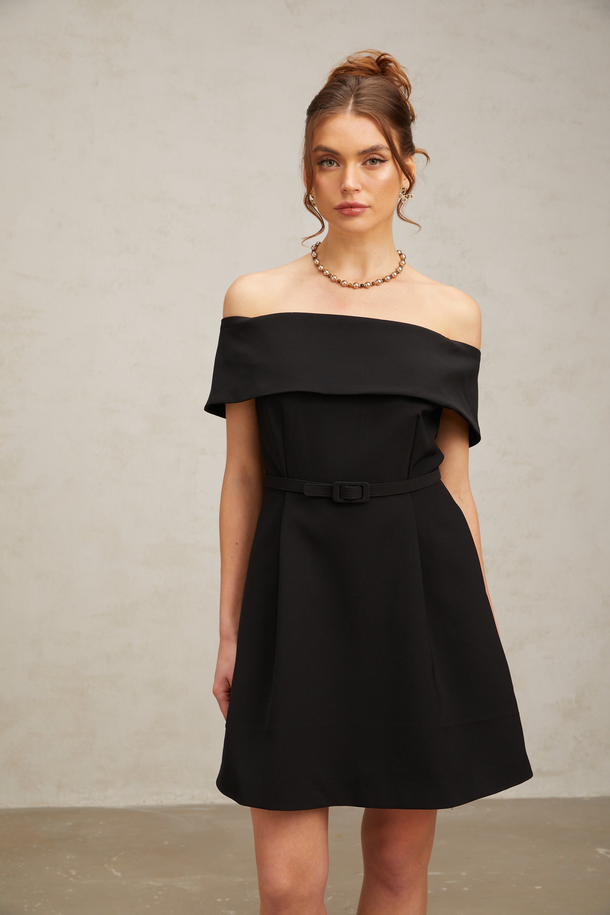 Greta black off-shoulder belted mini dress