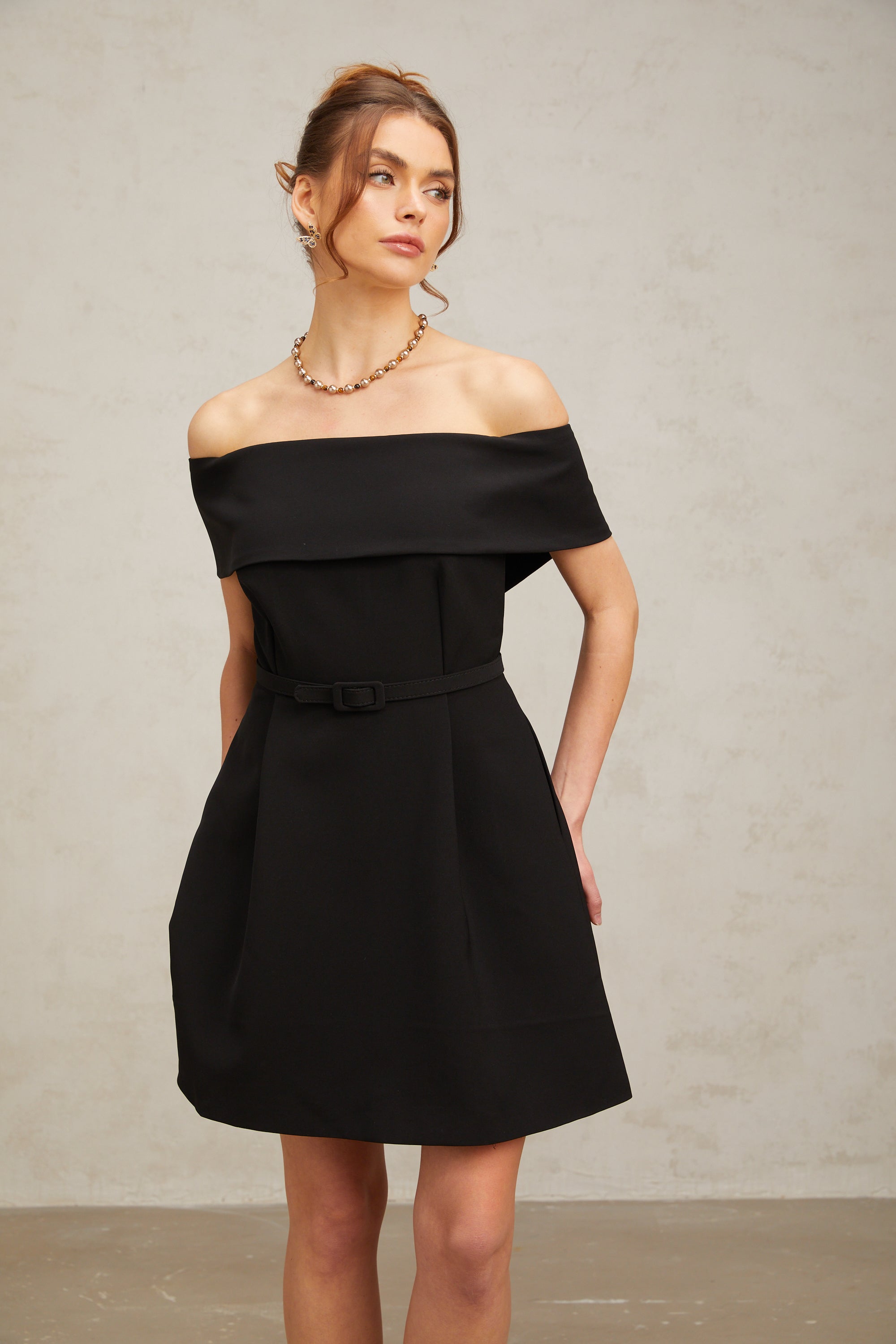 Greta black off-shoulder belted mini dress