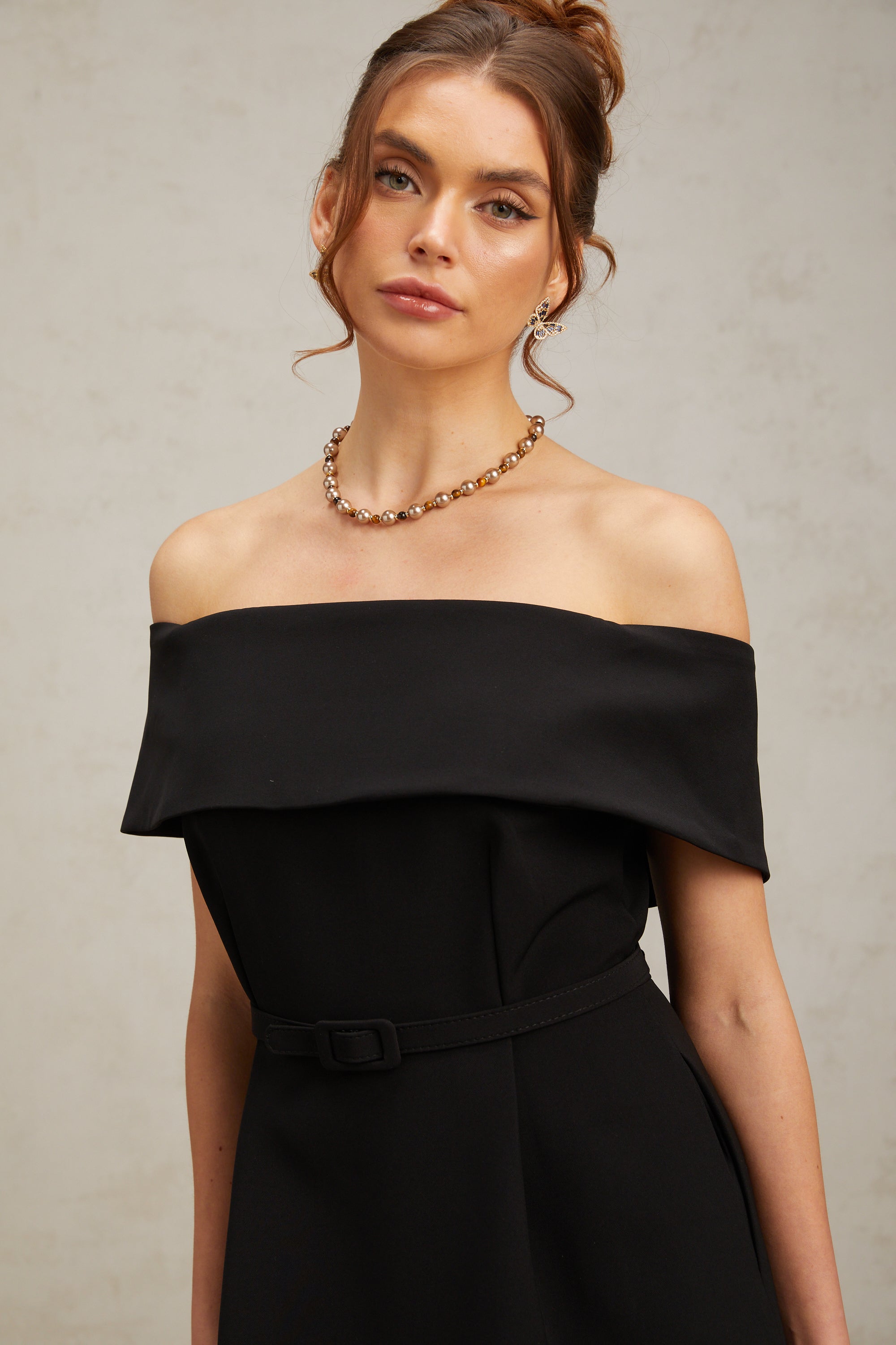 Greta black off-shoulder belted mini dress