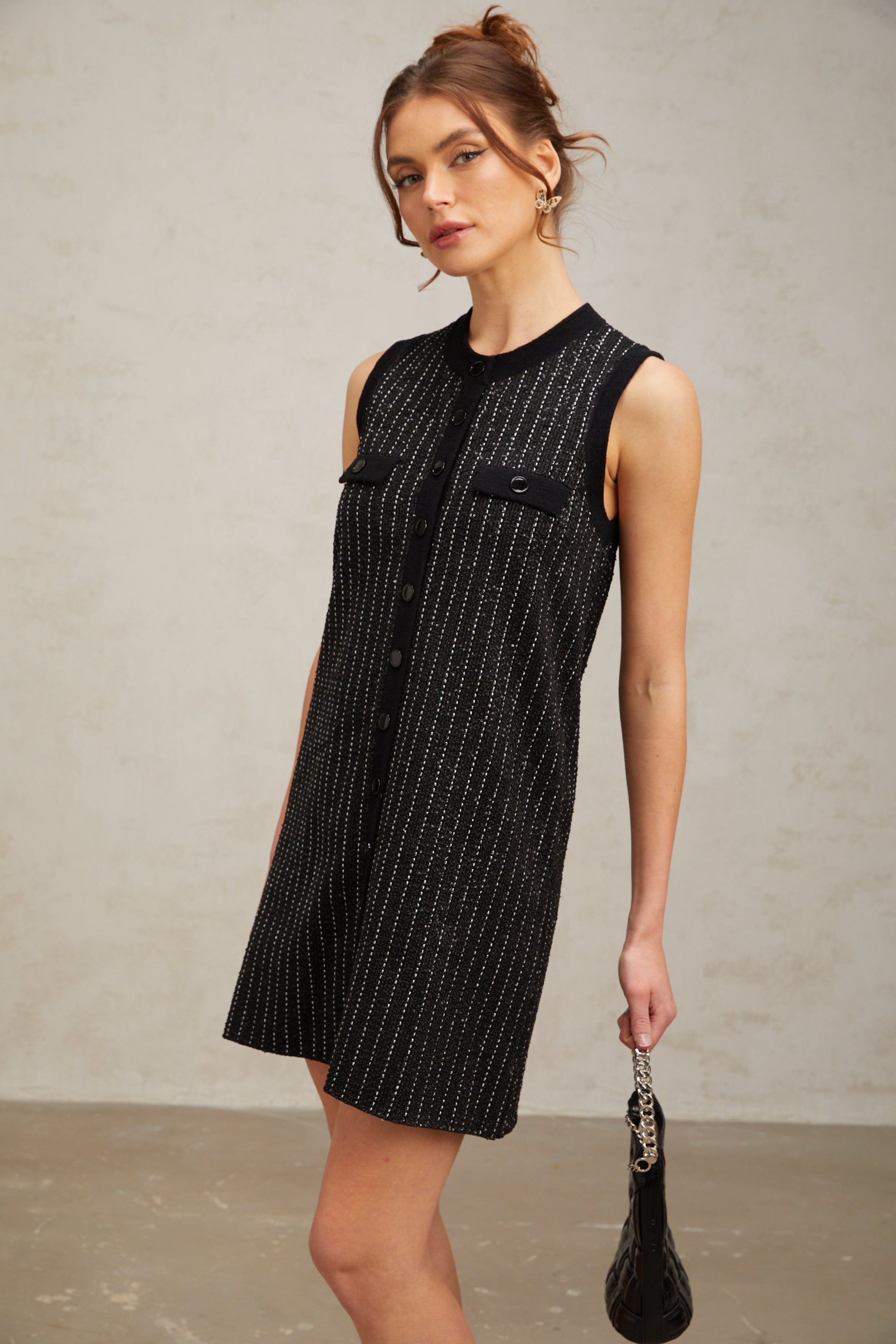 Zelda black vertical-striped sequined knit mini dress