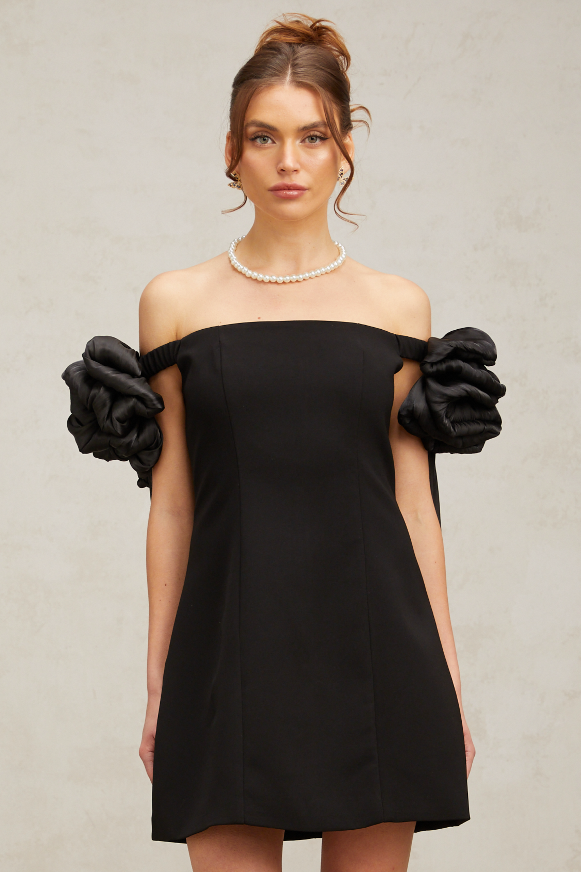 Erica black flower-detail off-shoulder mini dress