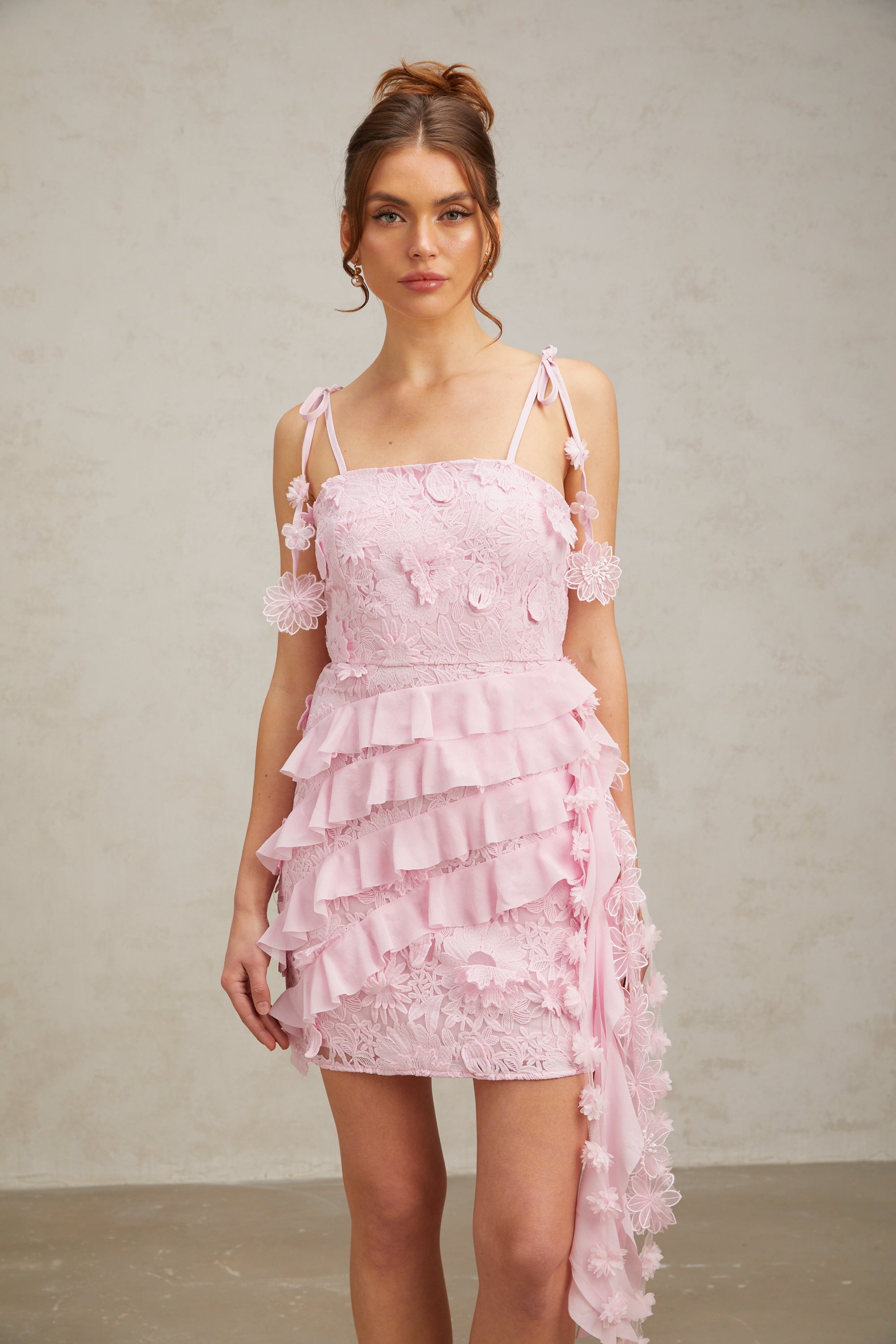 Wanda pink guipure lace ruffled mini dress