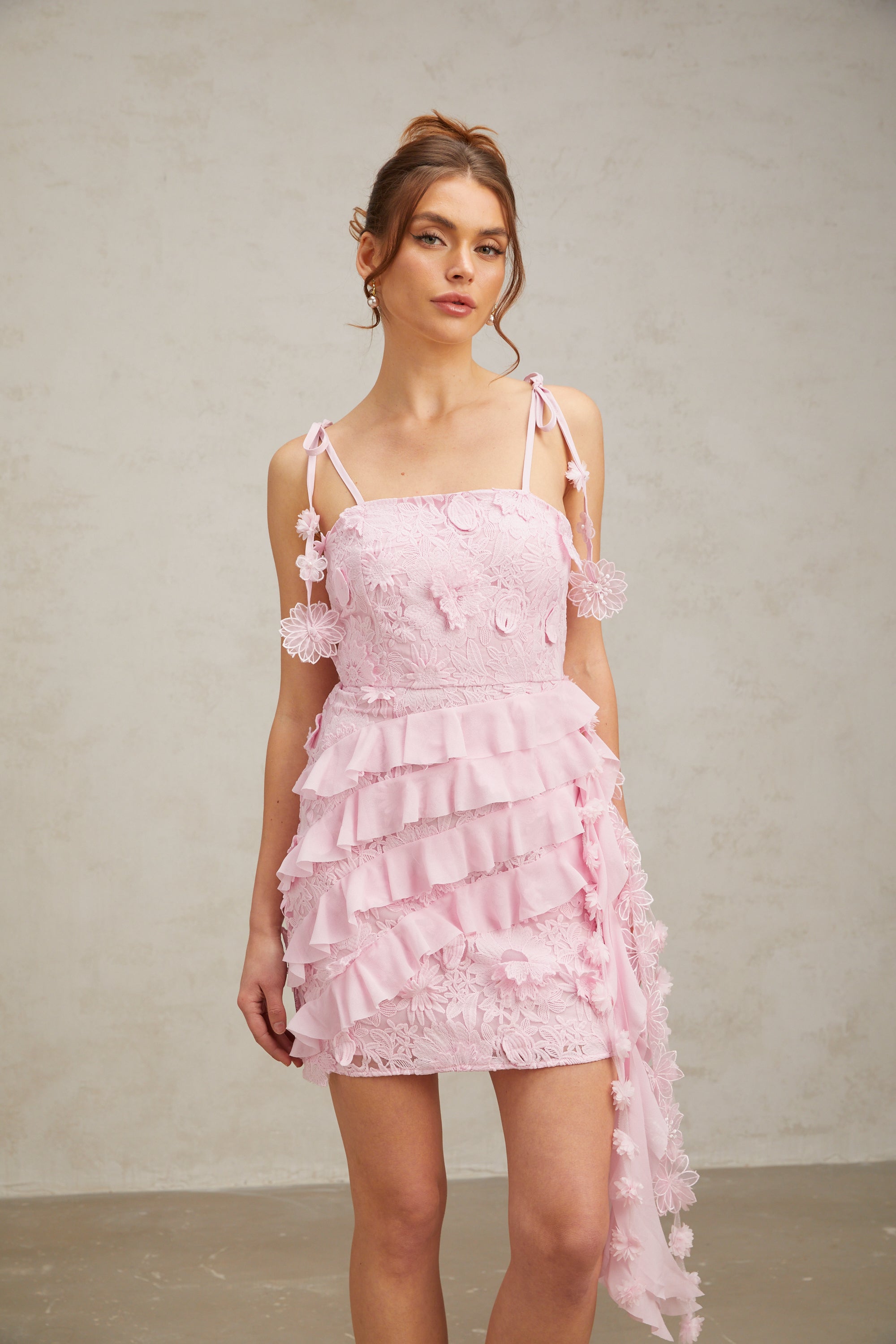 Wanda pink guipure lace ruffled mini dress