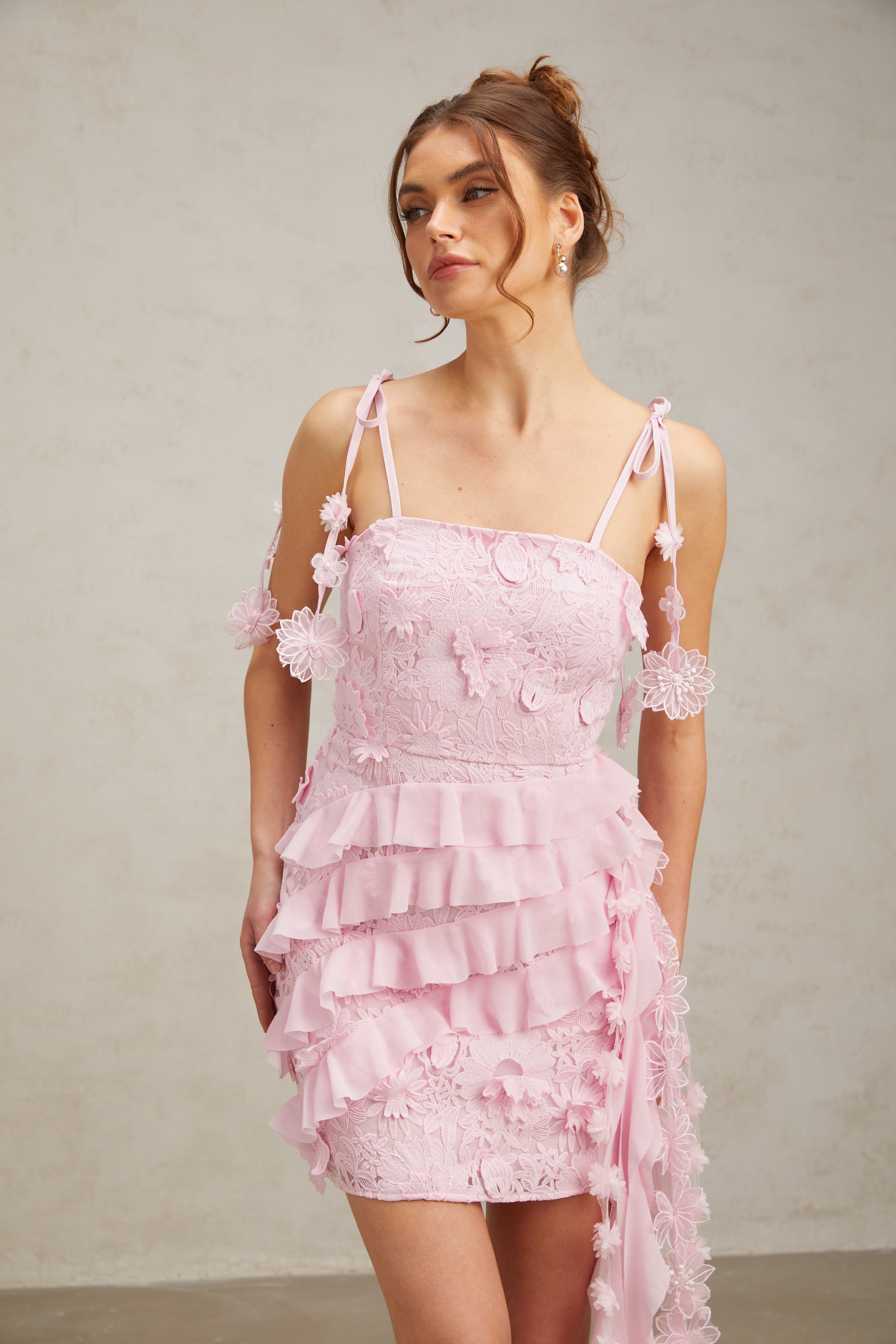 Wanda pink guipure lace ruffled mini dress