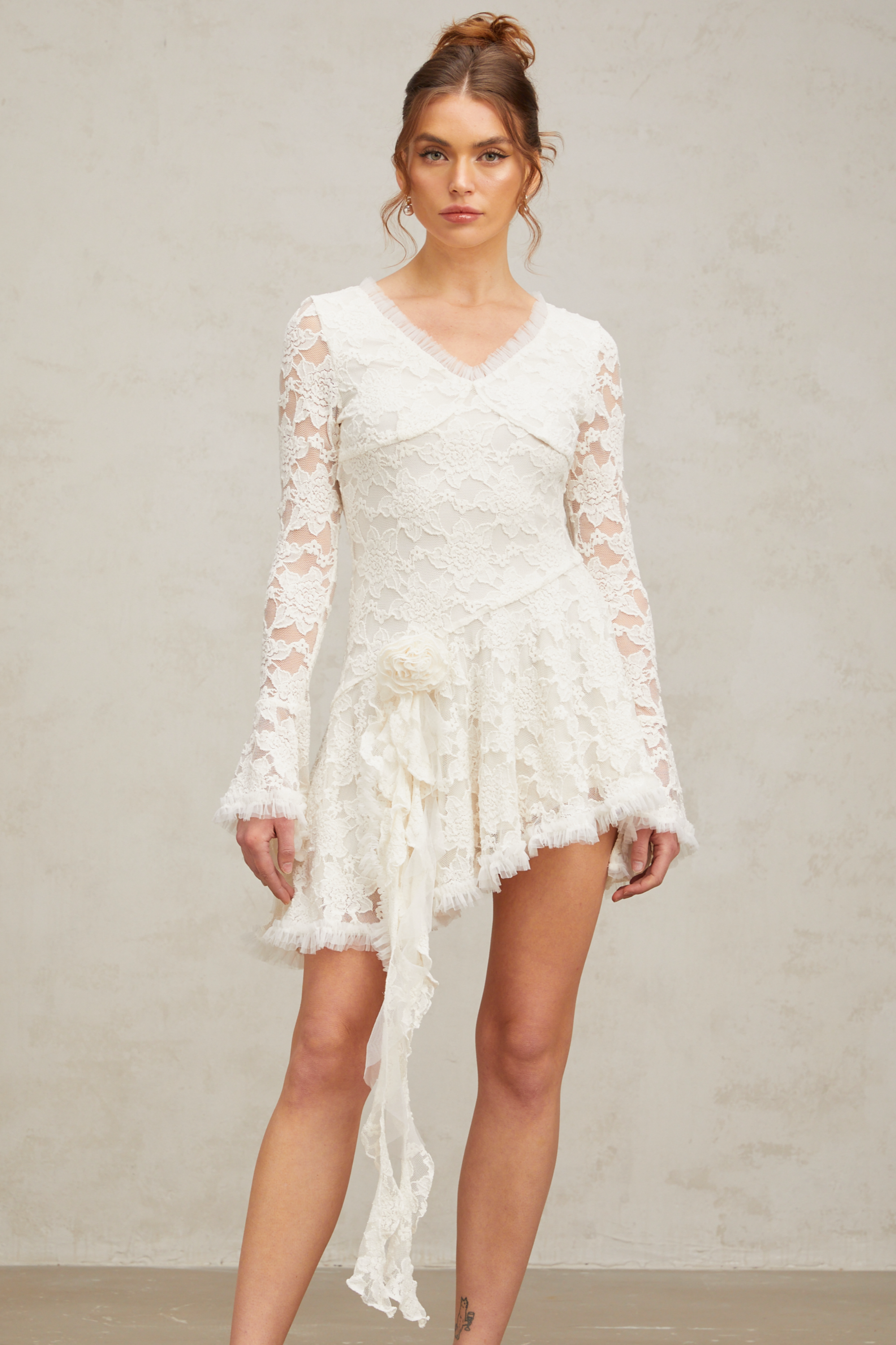 Cynthia white asymmetric floral-embroidered lace mini dress