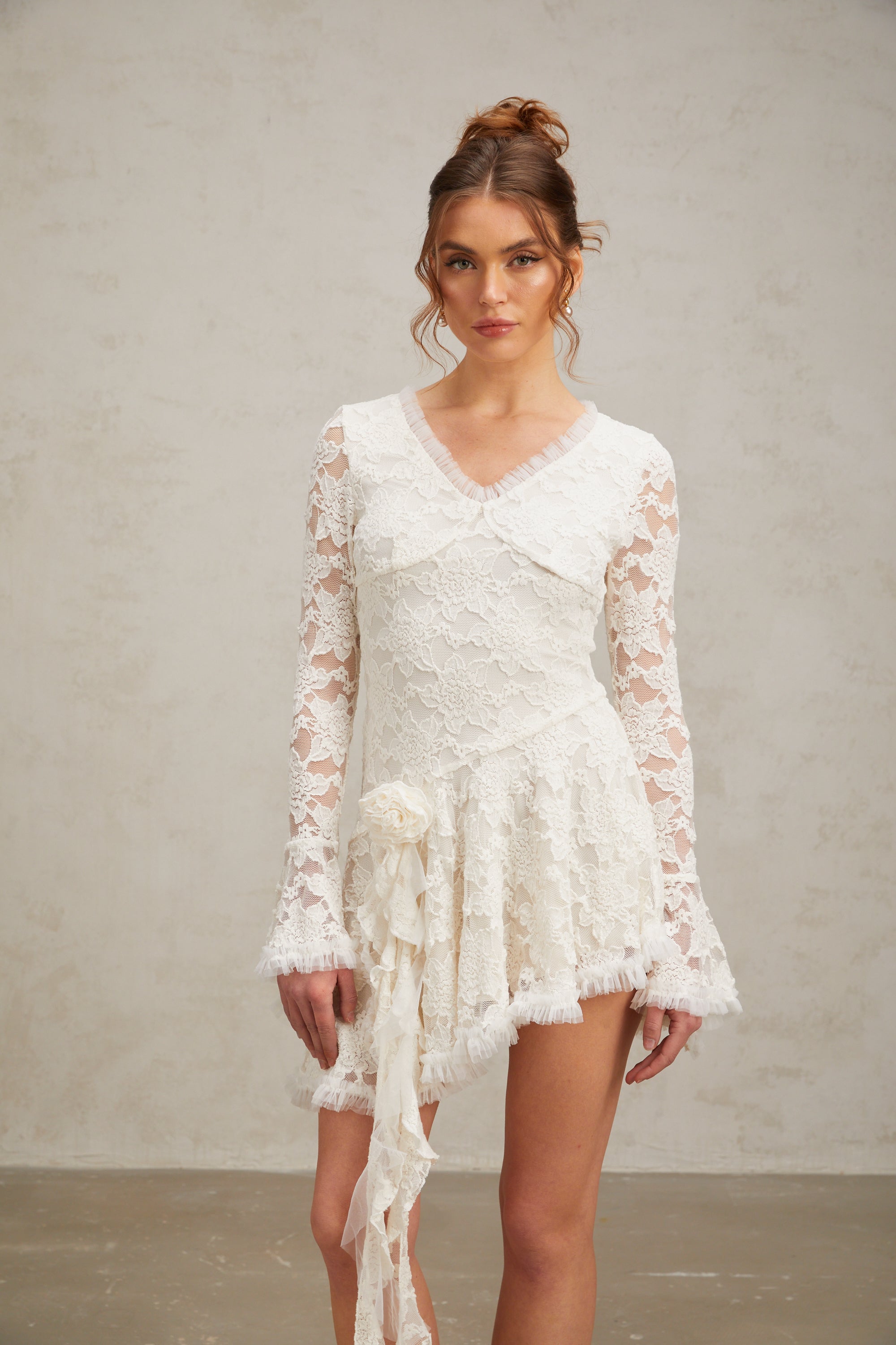 Cynthia white asymmetric floral-embroidered lace mini dress