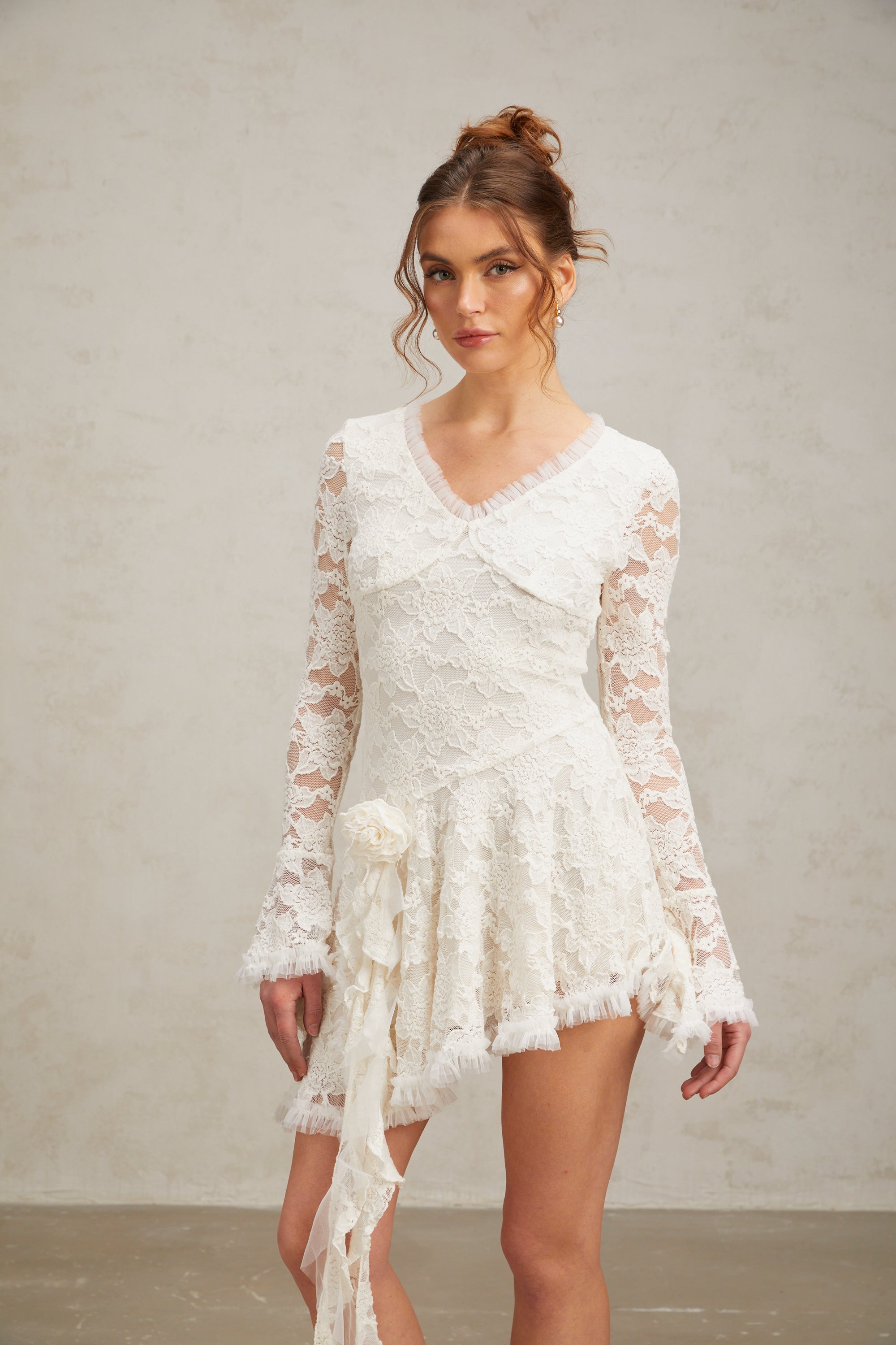 Cynthia white asymmetric floral-embroidered lace mini dress