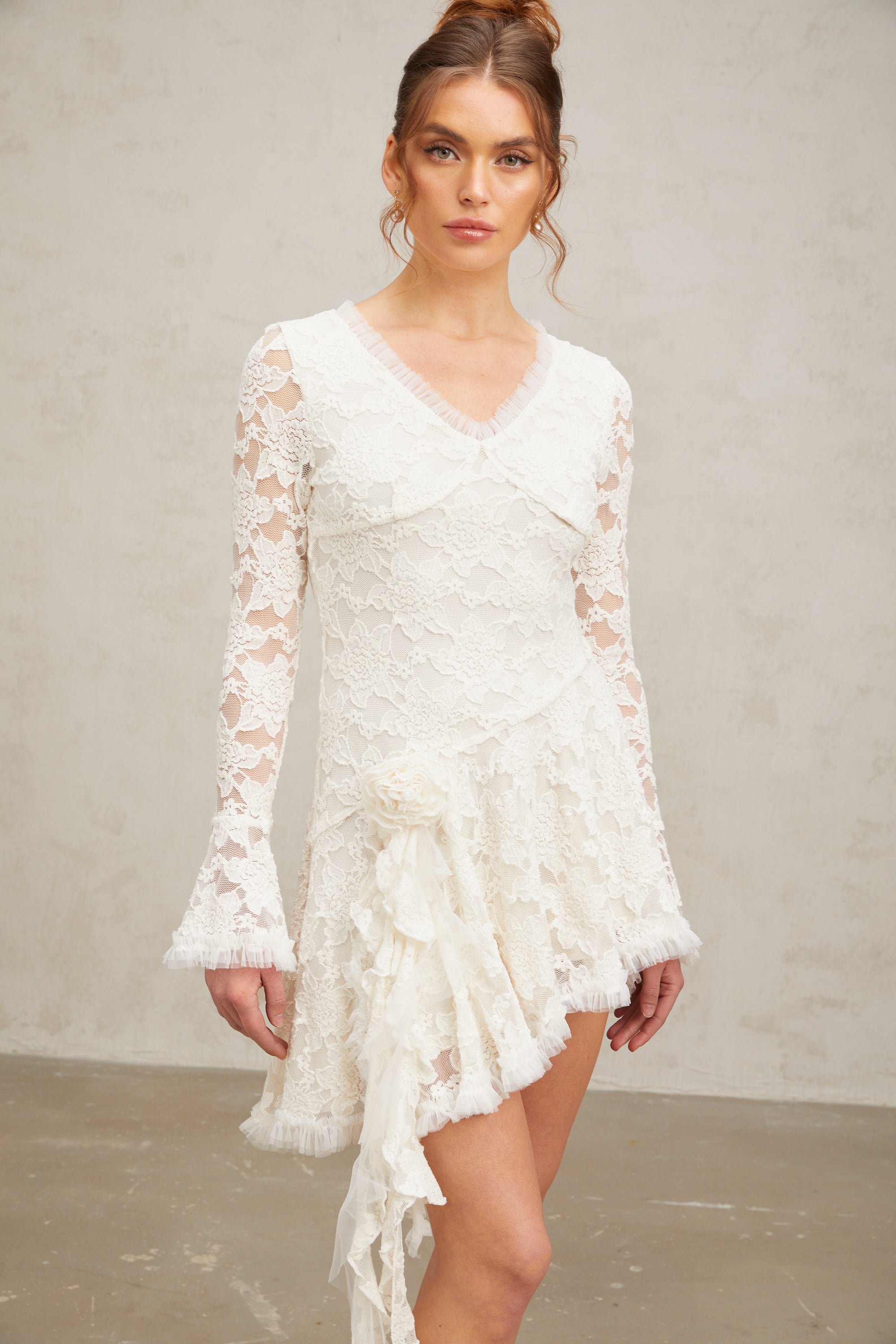 Cynthia white asymmetric floral-embroidered lace mini dress