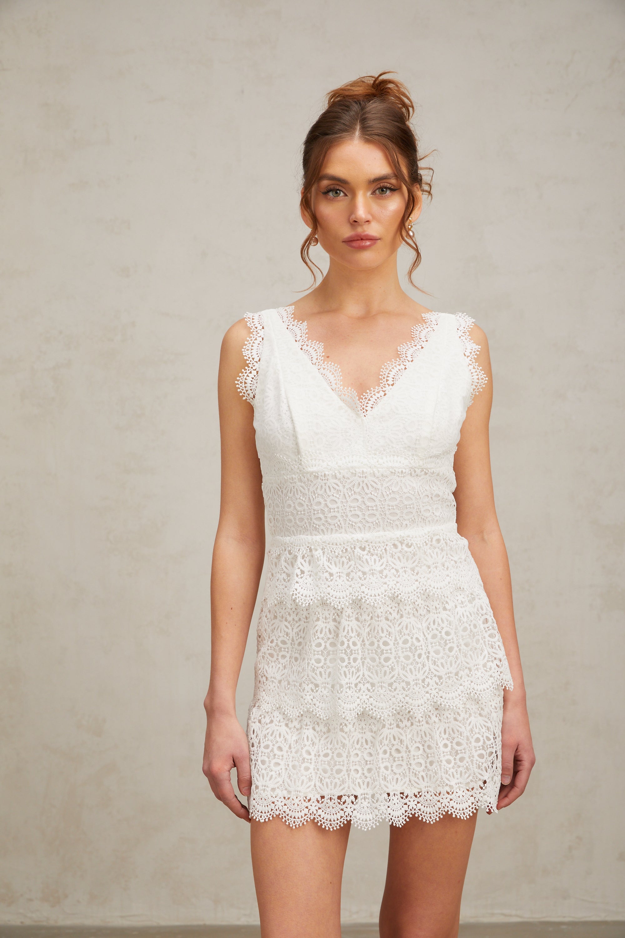 Lucie white lace tiered mini dress