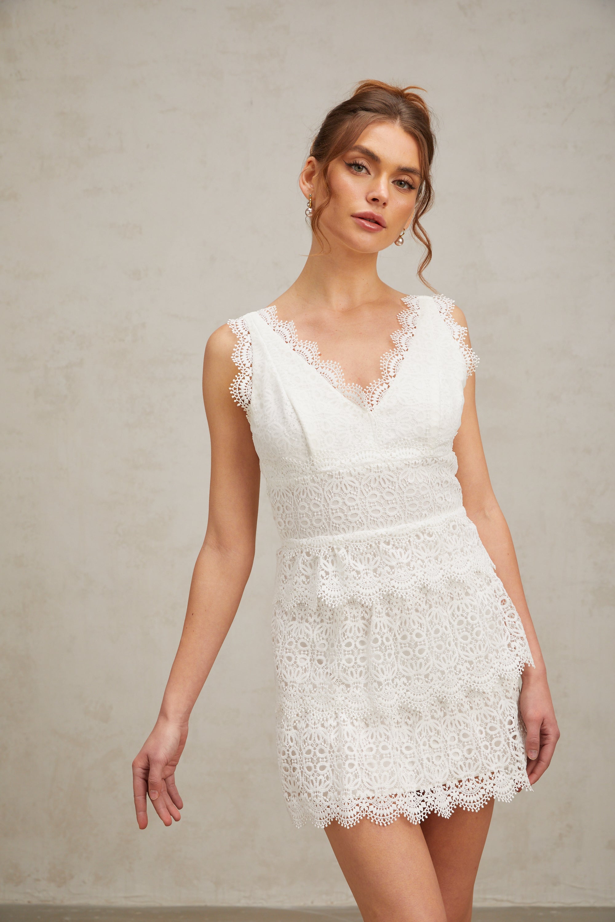 Lucie white lace tiered mini dress