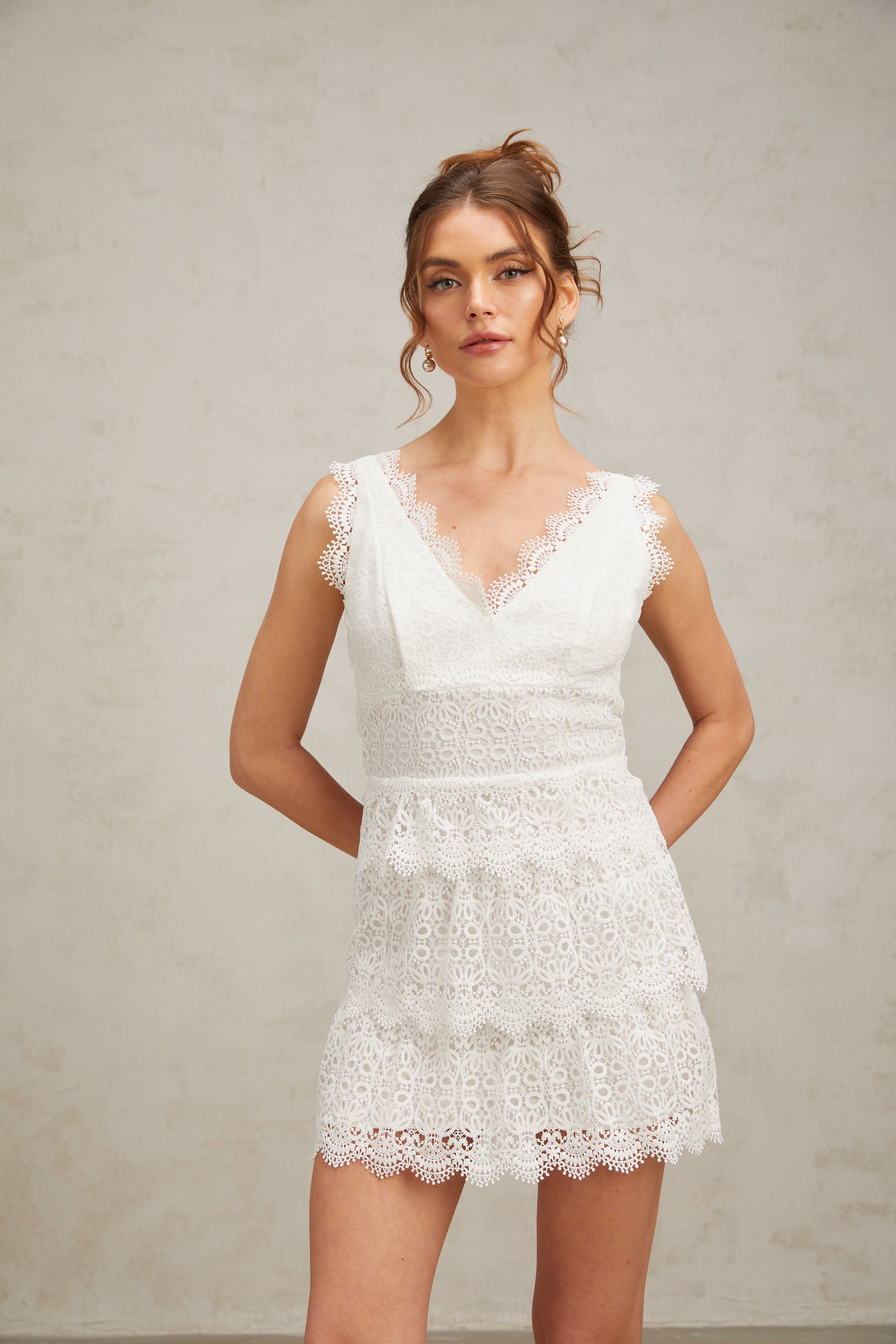 Lucie white lace tiered mini dress