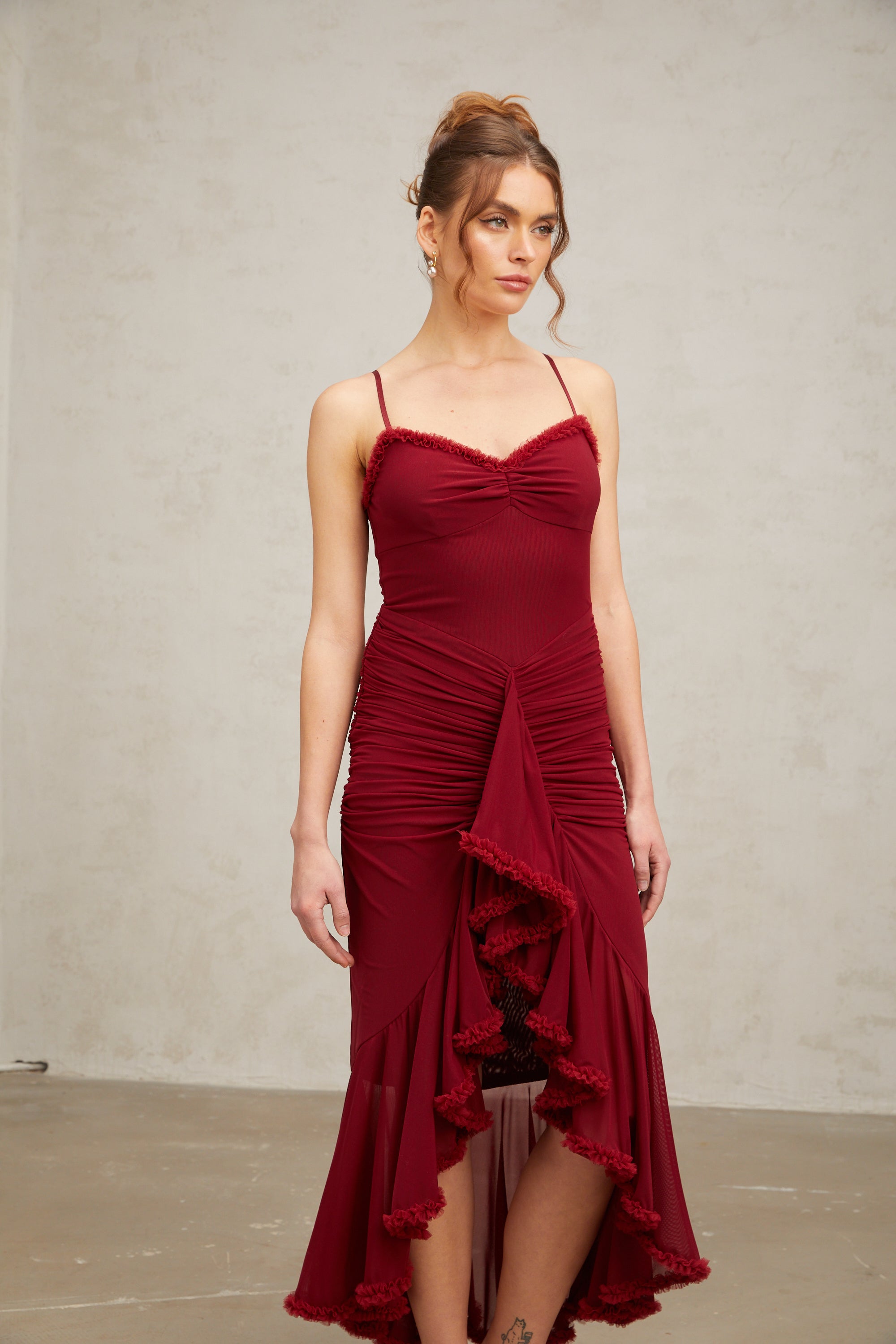 Désirée red ruffle-trim tulle midi dress