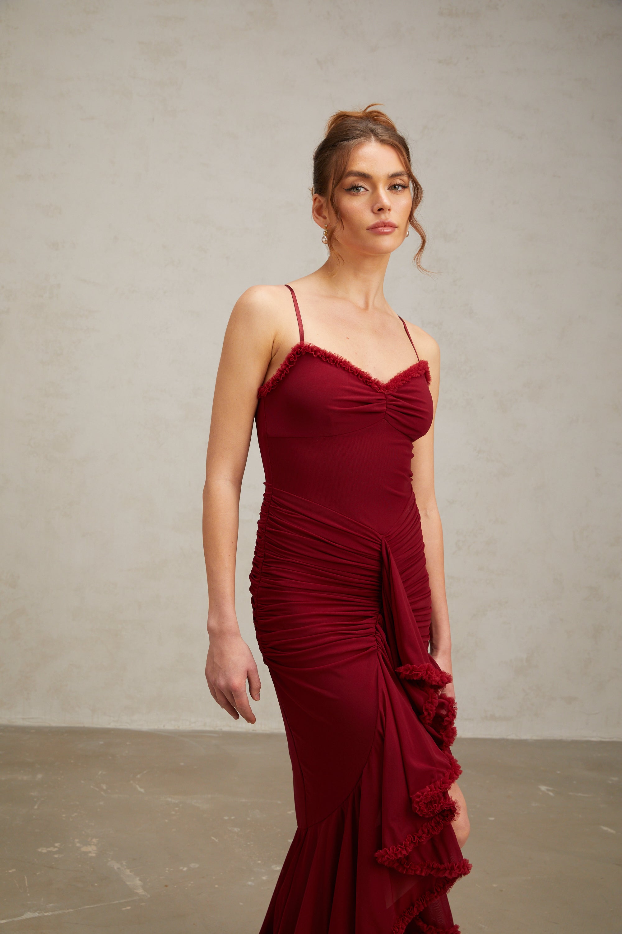 Désirée red ruffle-trim tulle midi dress