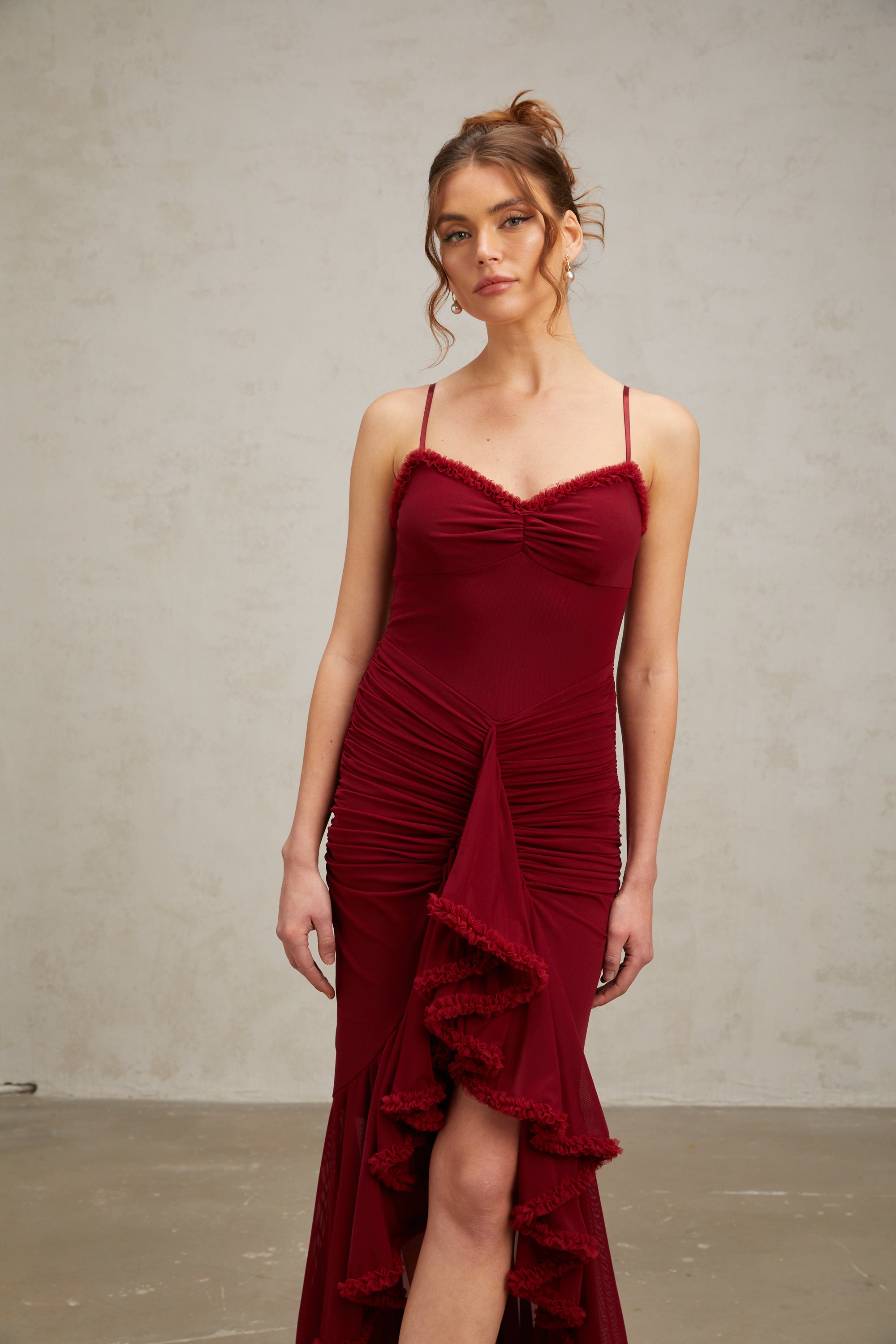 Désirée red ruffle-trim tulle midi dress