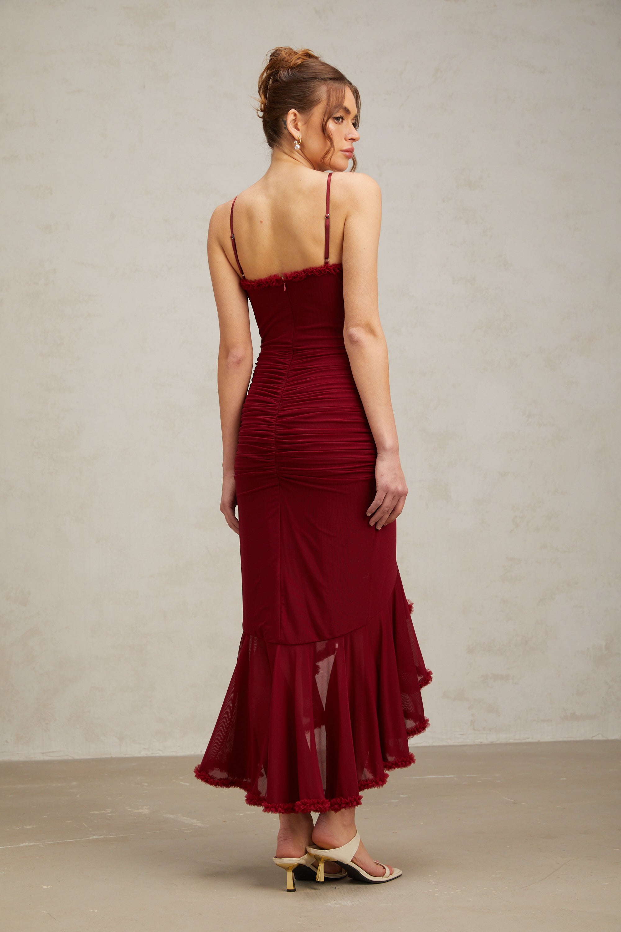 Désirée red ruffle-trim tulle midi dress