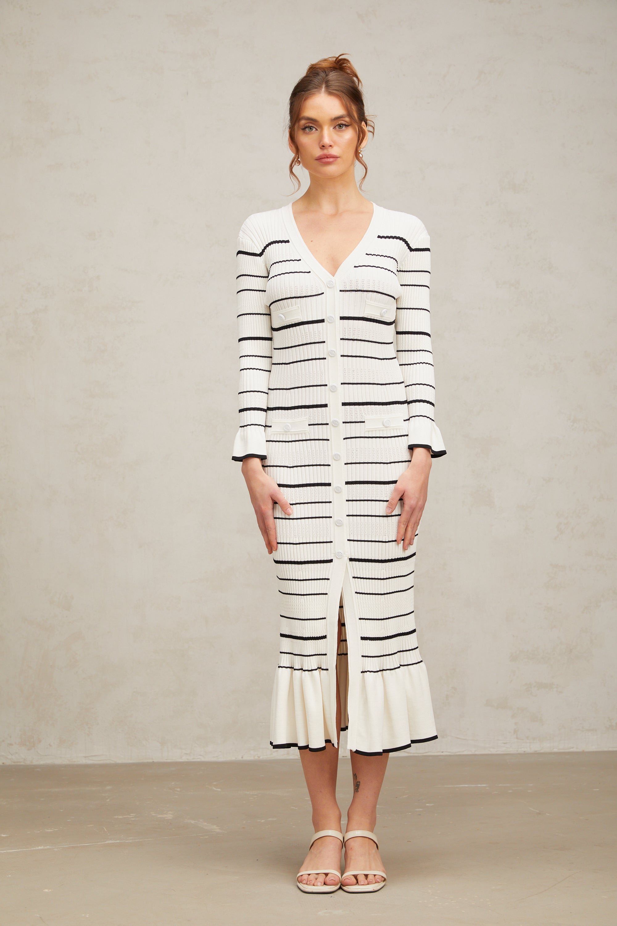 Loane white horizontal-striped ribbed-knit midi dress