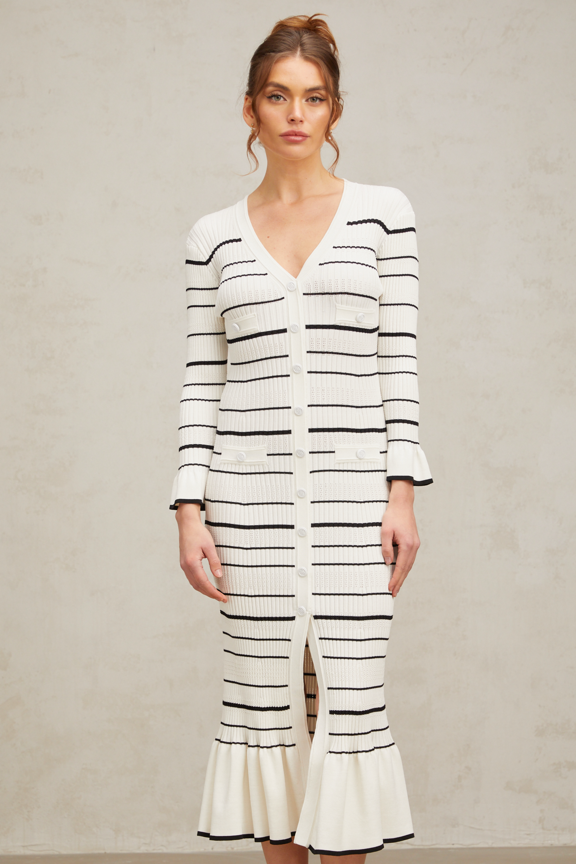 Loane white horizontal-striped ribbed-knit midi dress