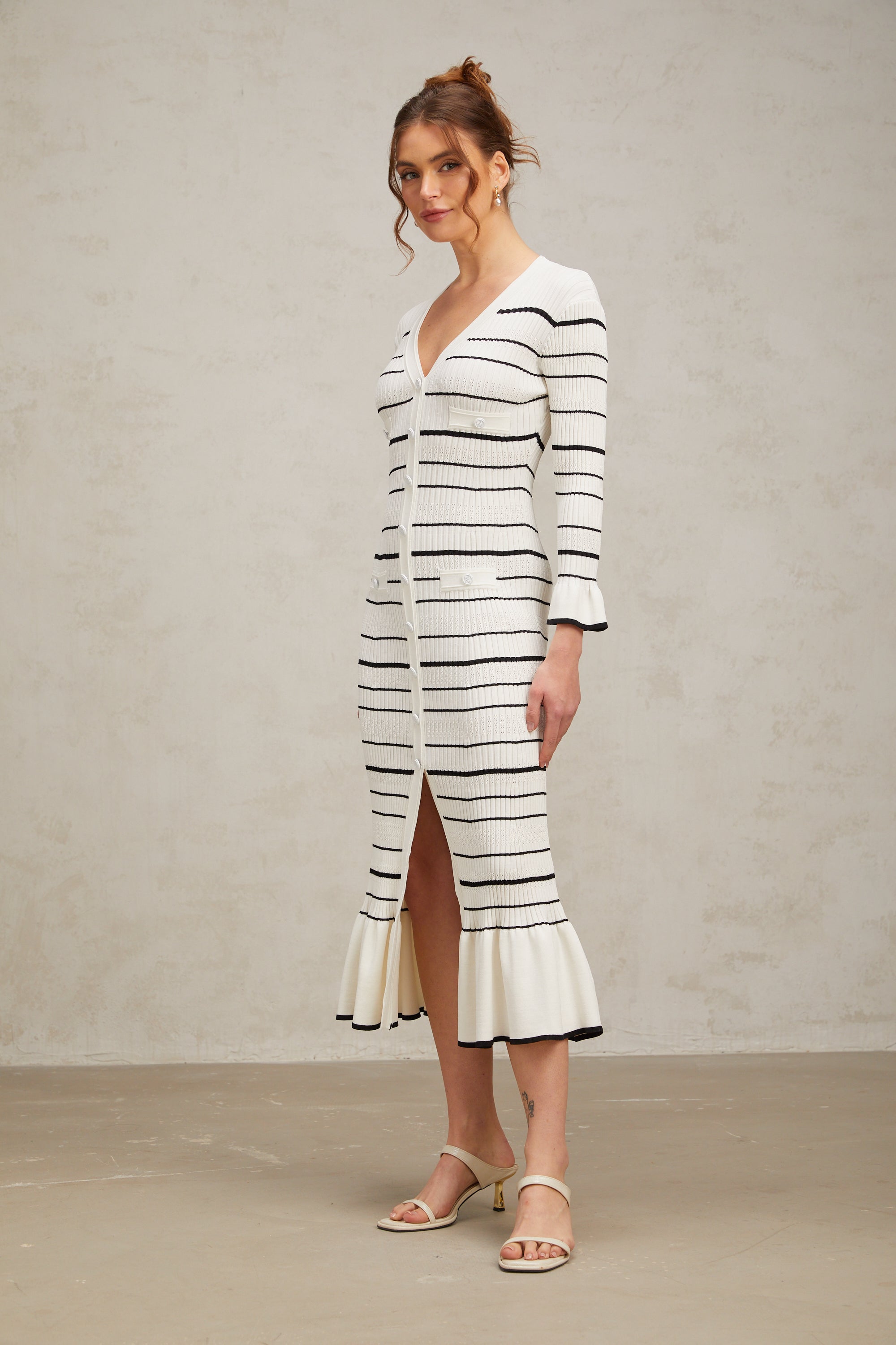 Loane white horizontal-striped ribbed-knit midi dress