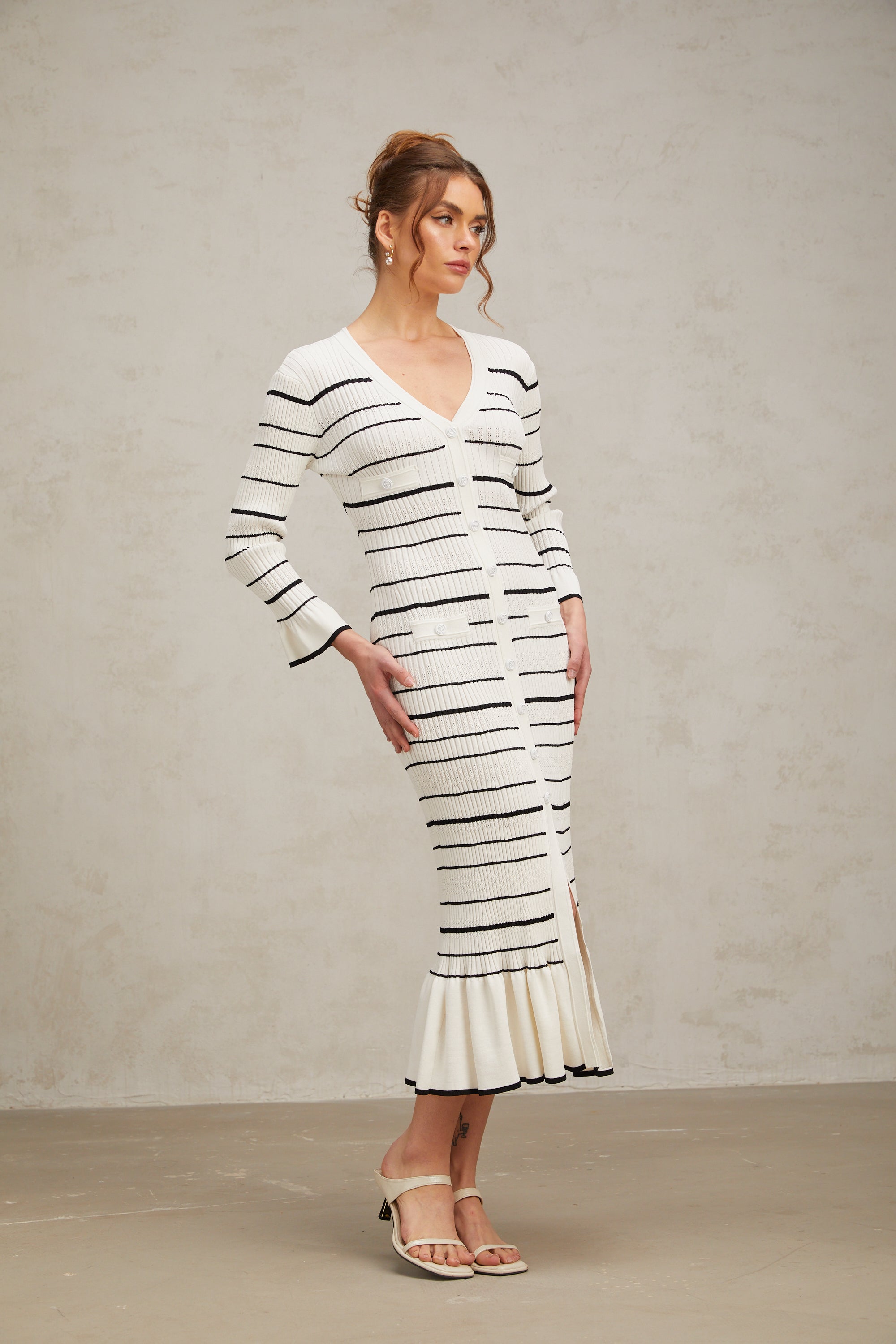 Loane white horizontal-striped ribbed-knit midi dress