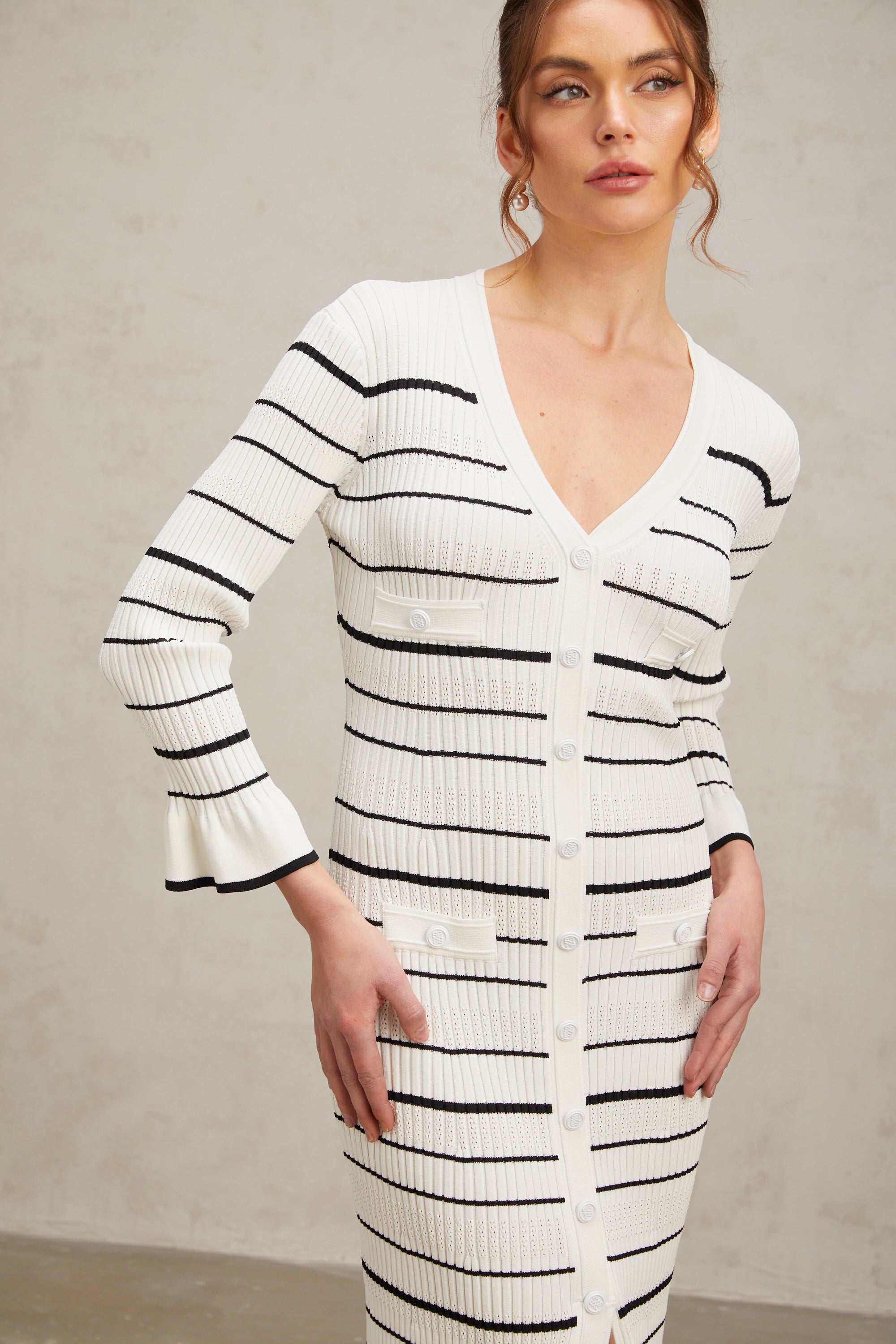 Loane white horizontal-striped ribbed-knit midi dress