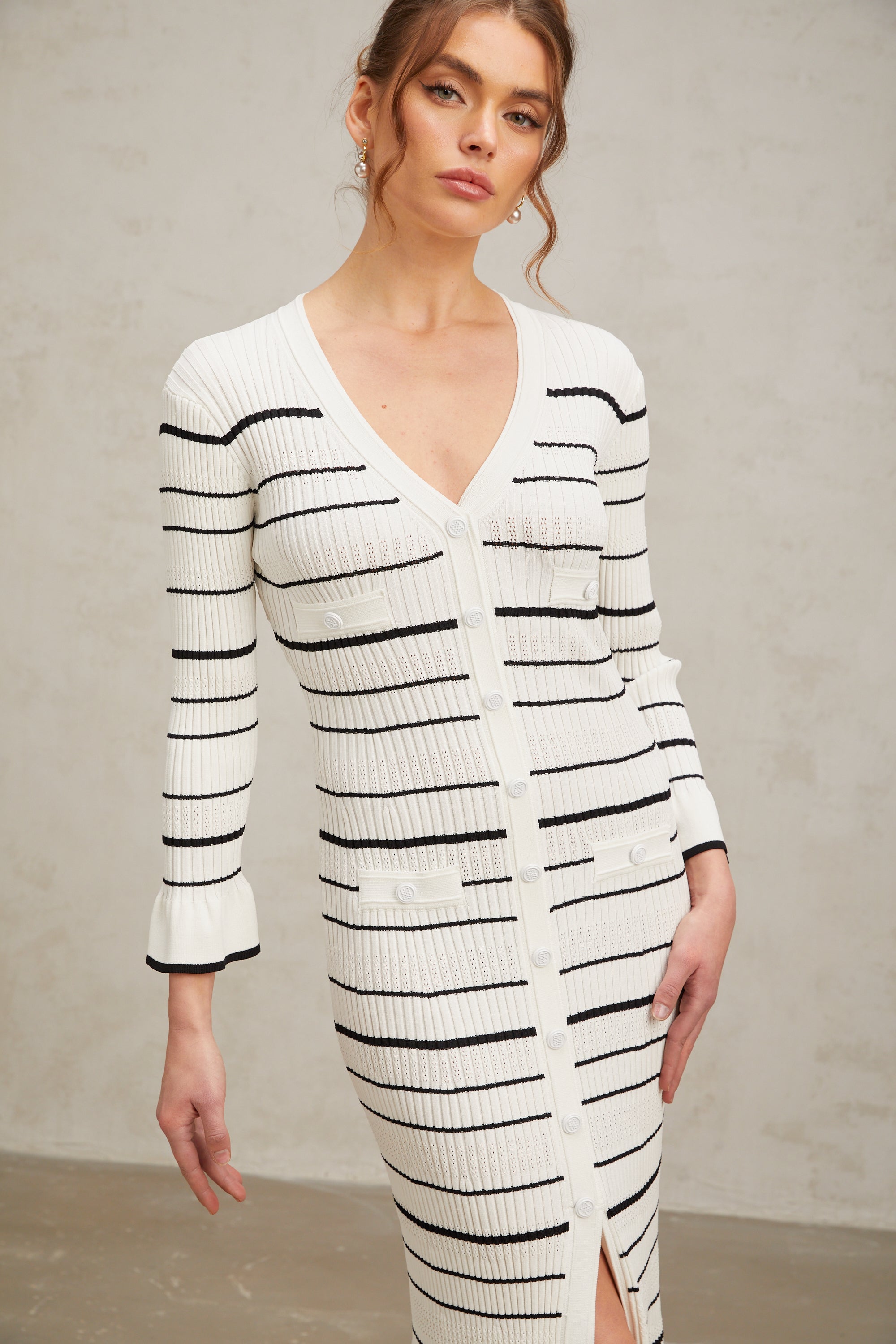 Loane white horizontal-striped ribbed-knit midi dress