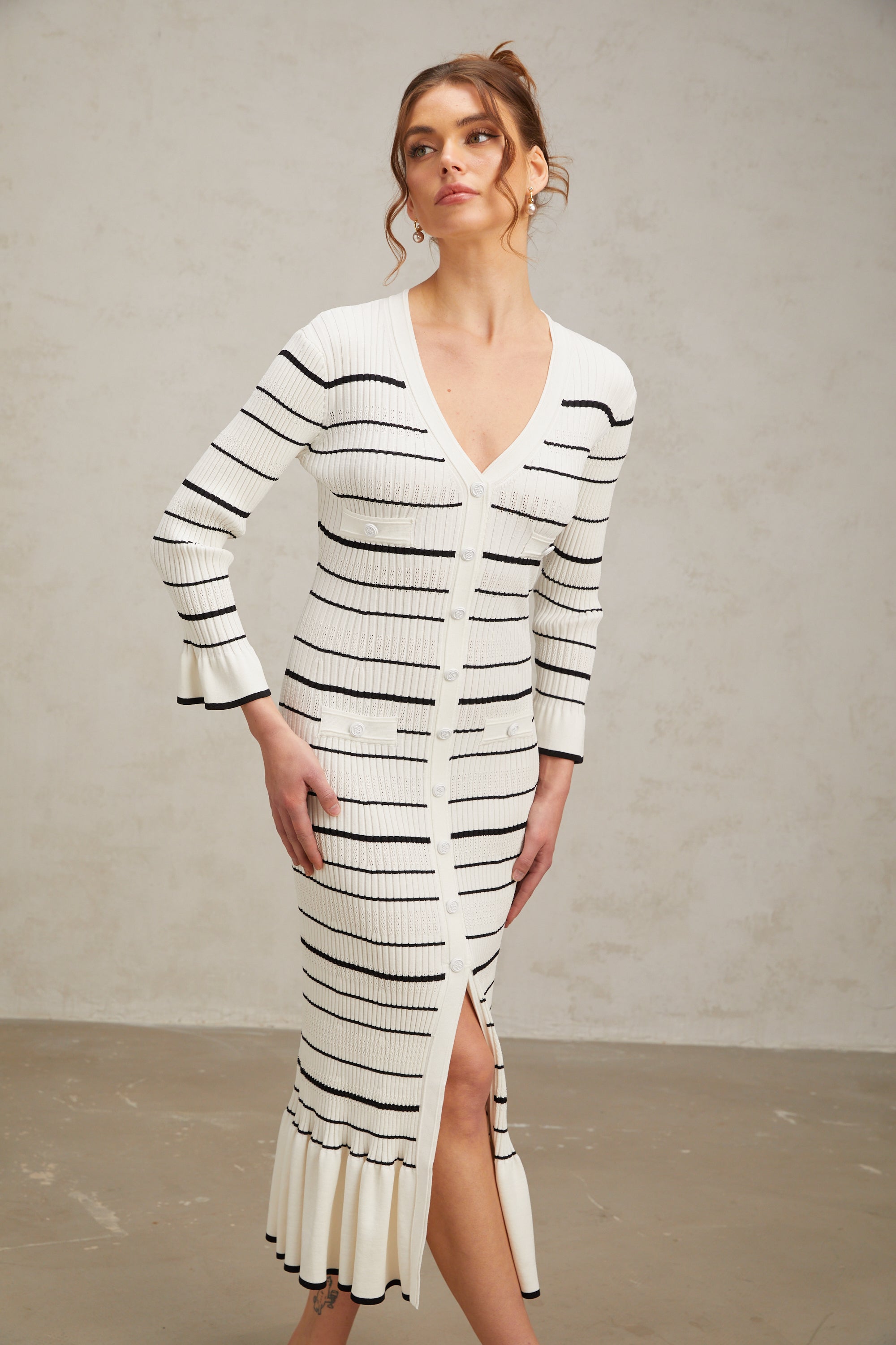 Loane white horizontal-striped ribbed-knit midi dress