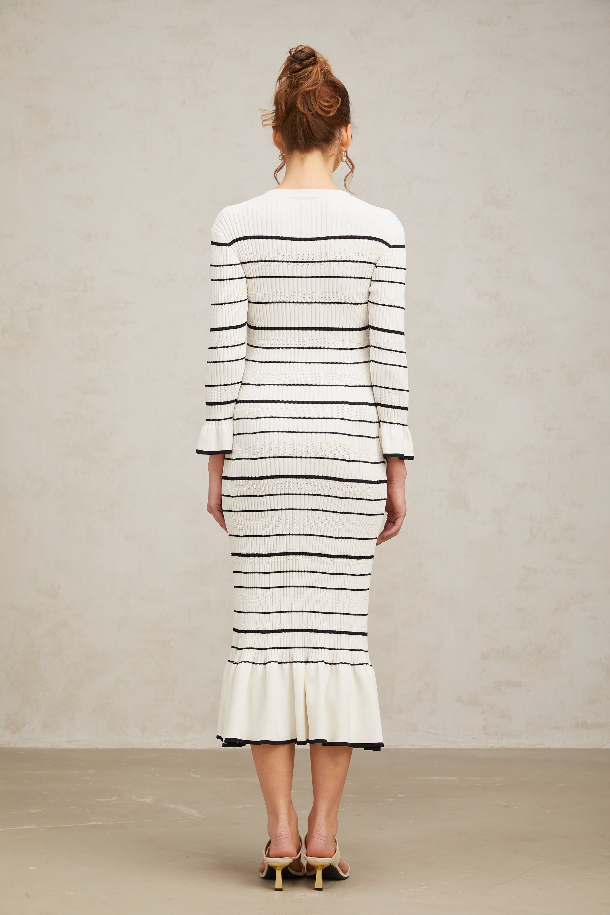 Loane white horizontal-striped ribbed-knit midi dress