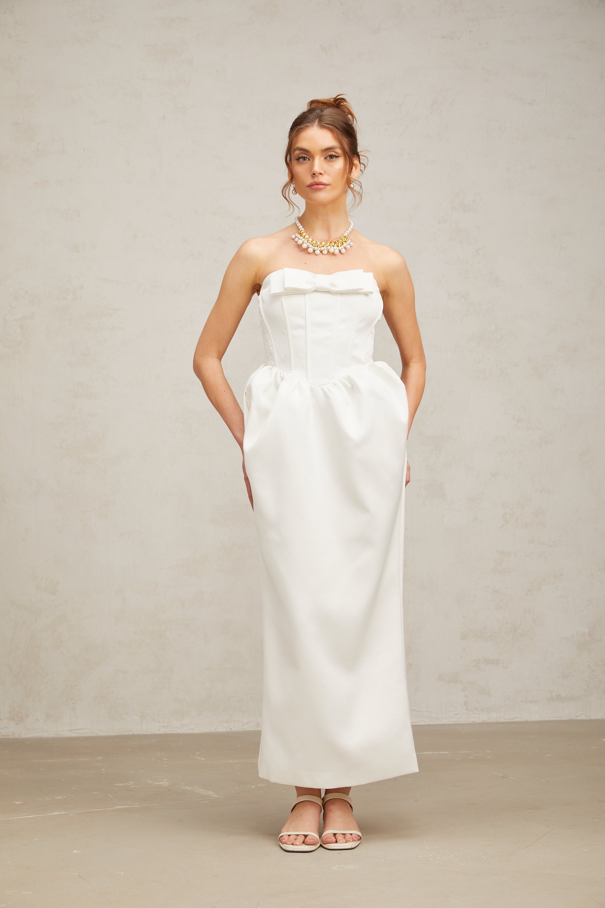 Jacqueline white bowknot satin maxi dress