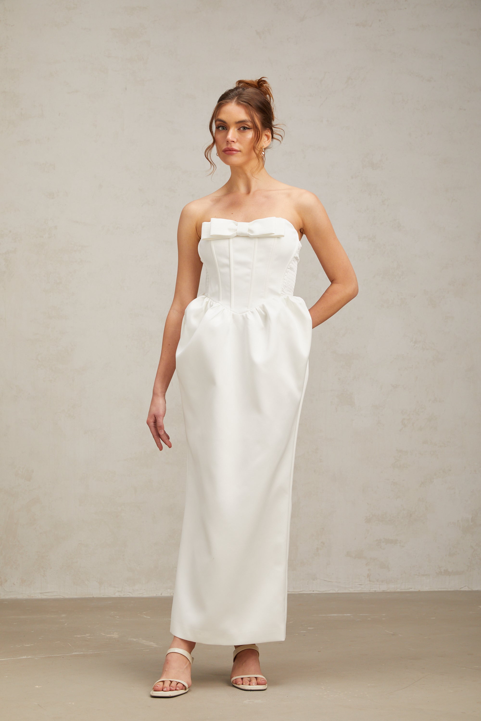 Jacqueline white bowknot satin maxi dress