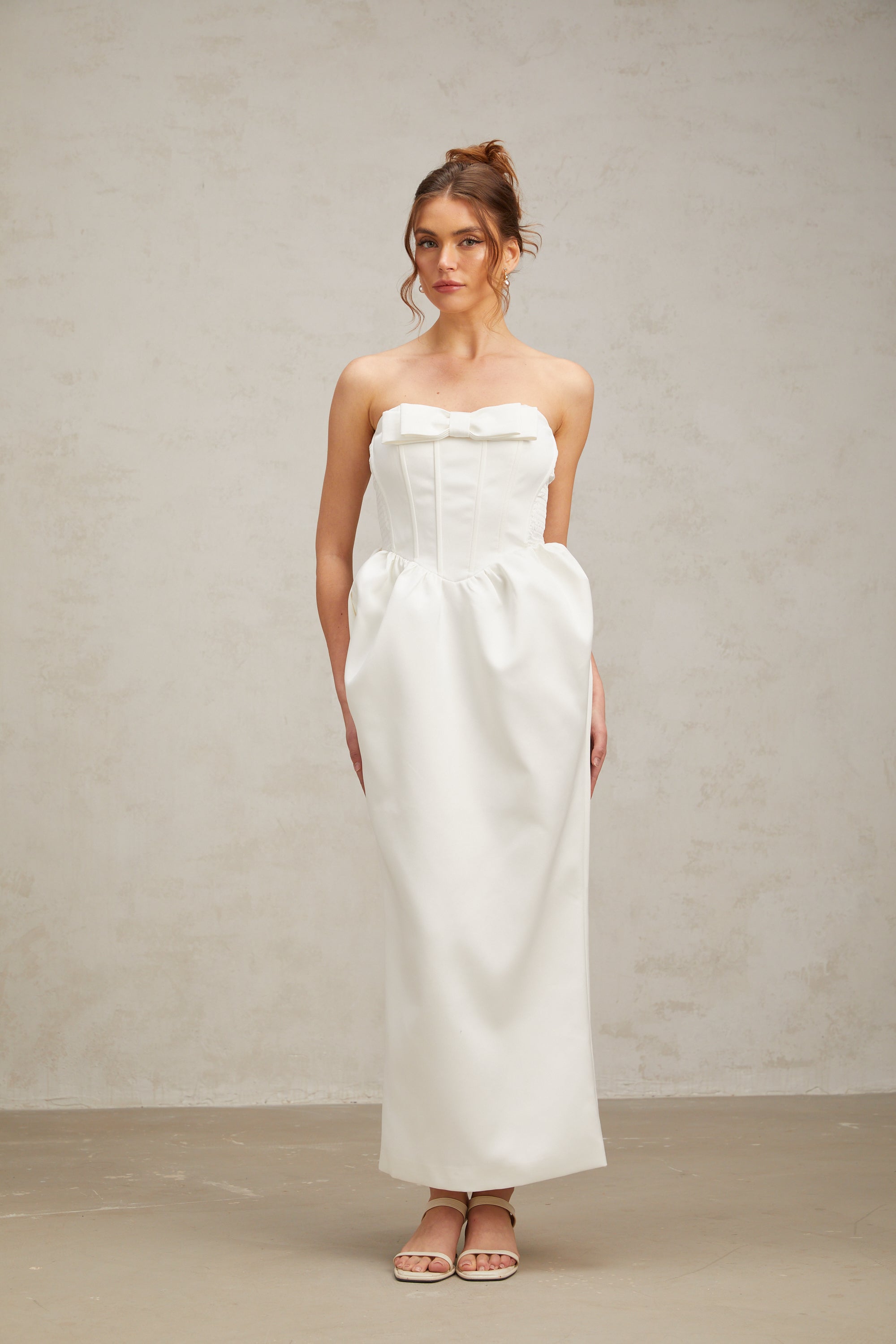 Jacqueline white bowknot satin maxi dress