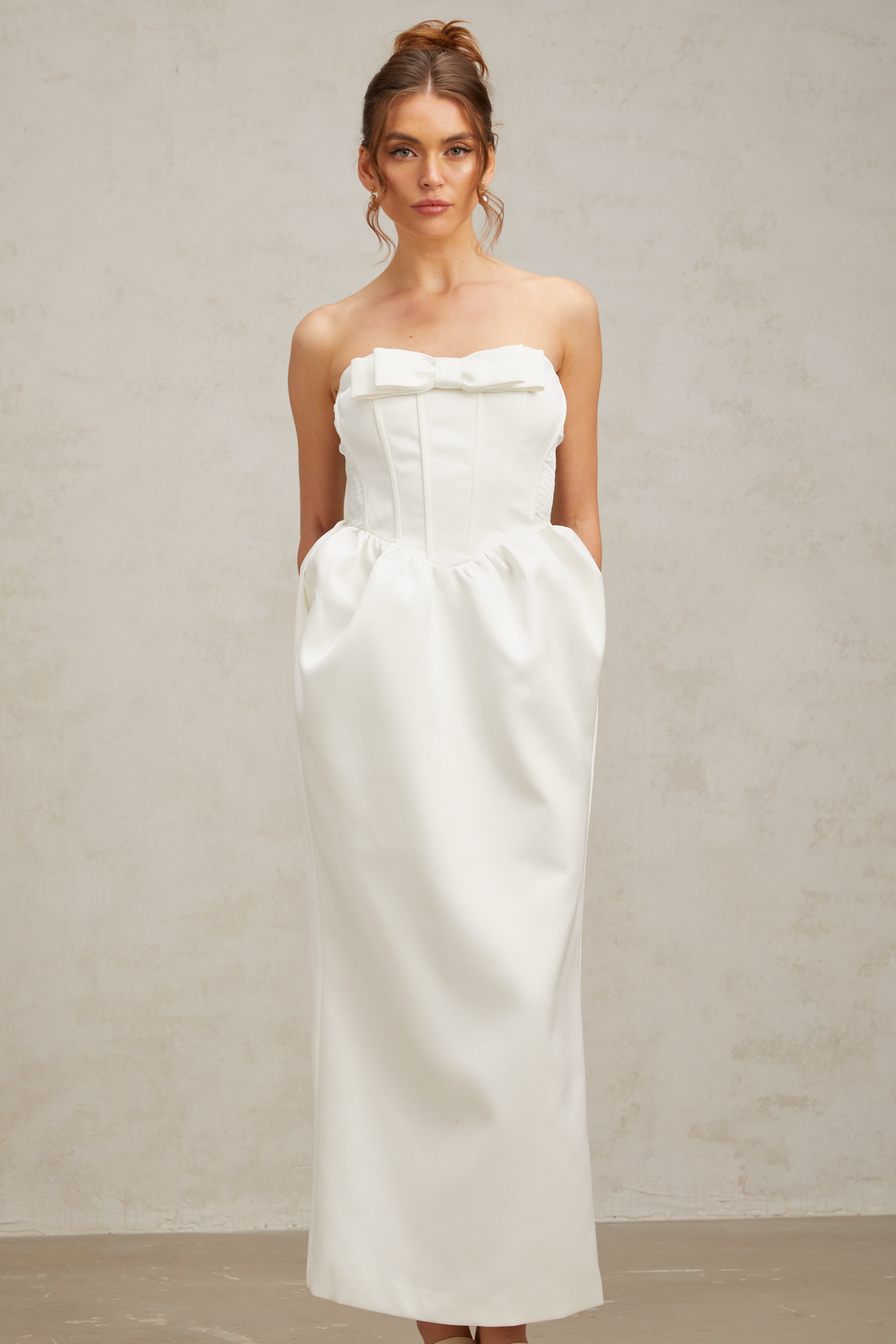 Jacqueline white bowknot satin maxi dress