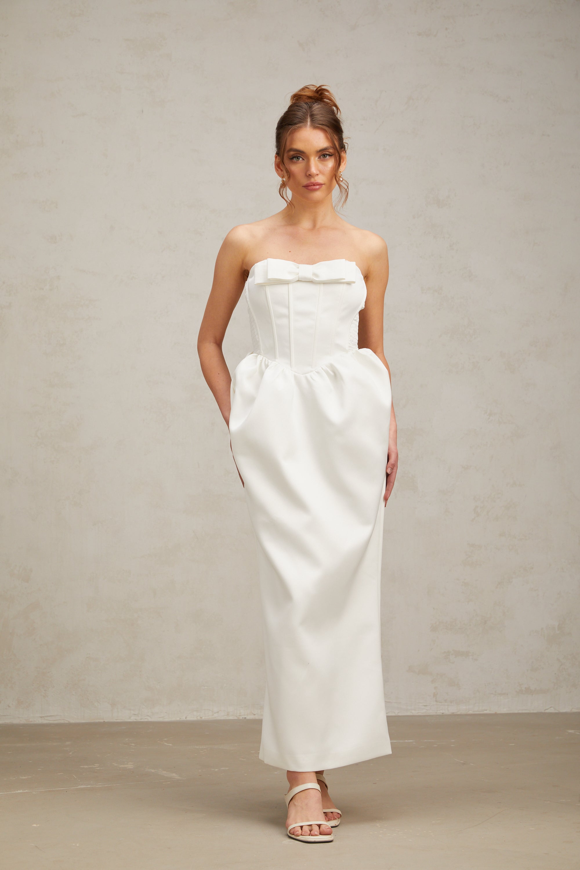 Jacqueline white bowknot satin maxi dress