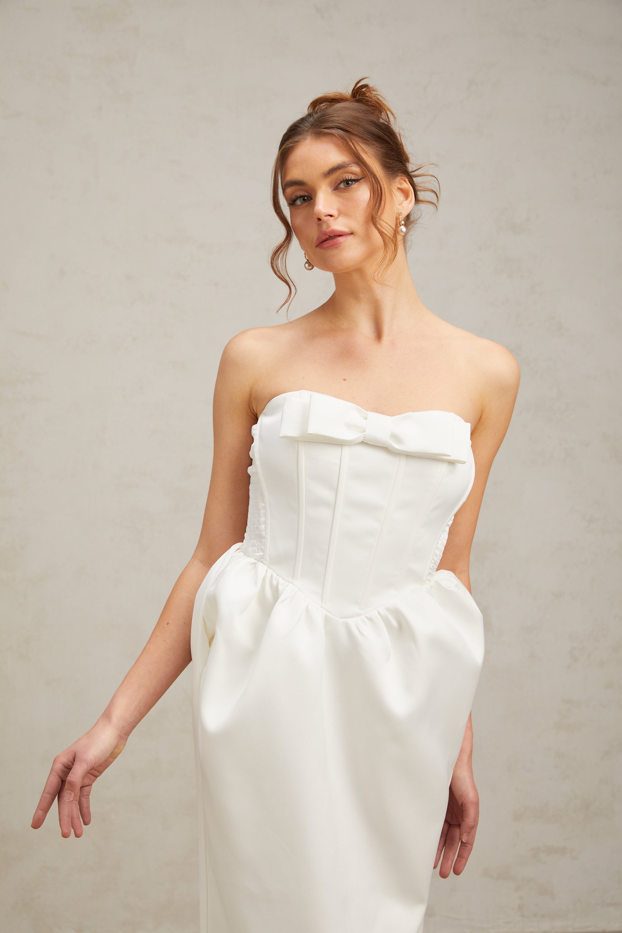 Jacqueline white bowknot satin maxi dress